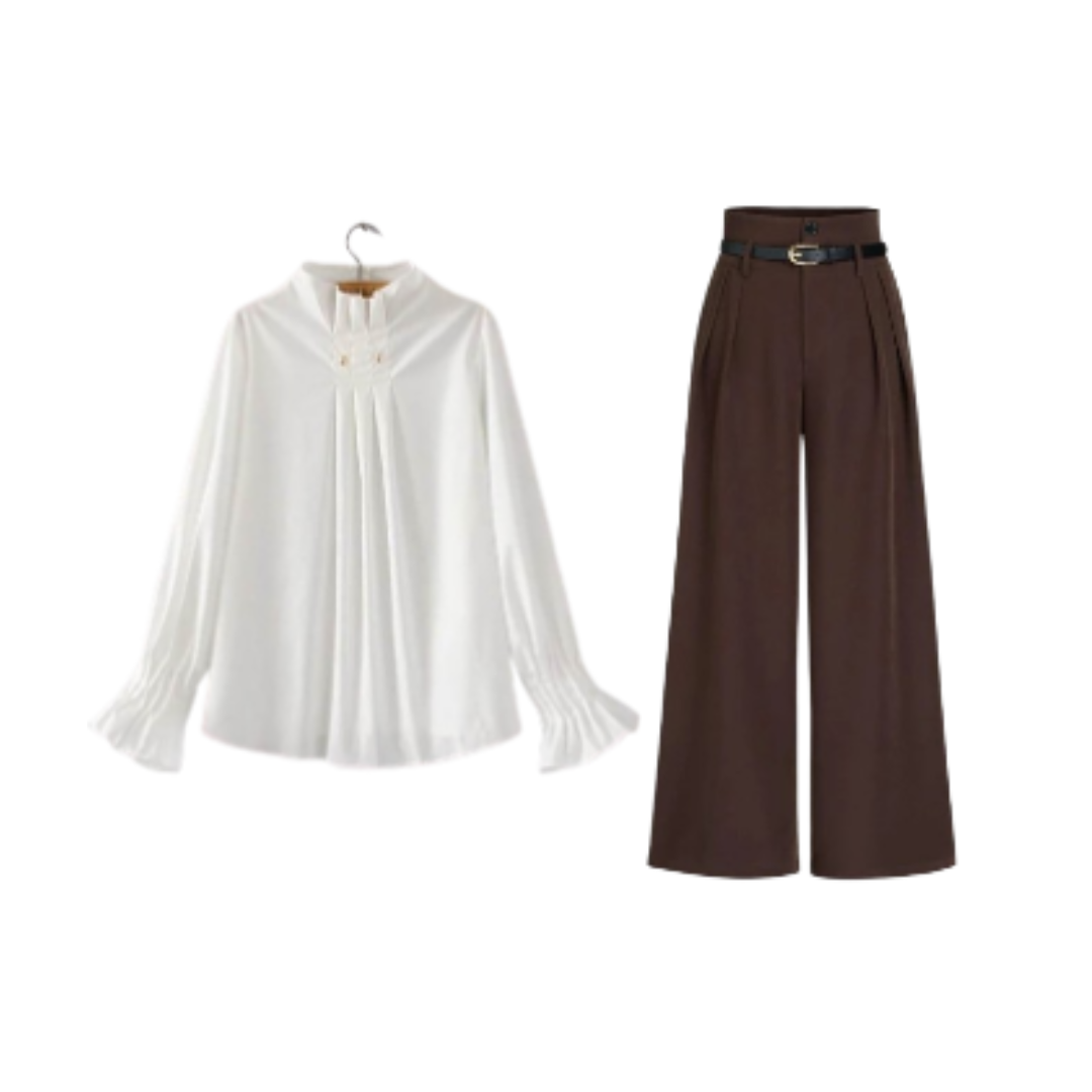 Women’s White Pleated Blouse and Brown Wide-Leg Pants Set