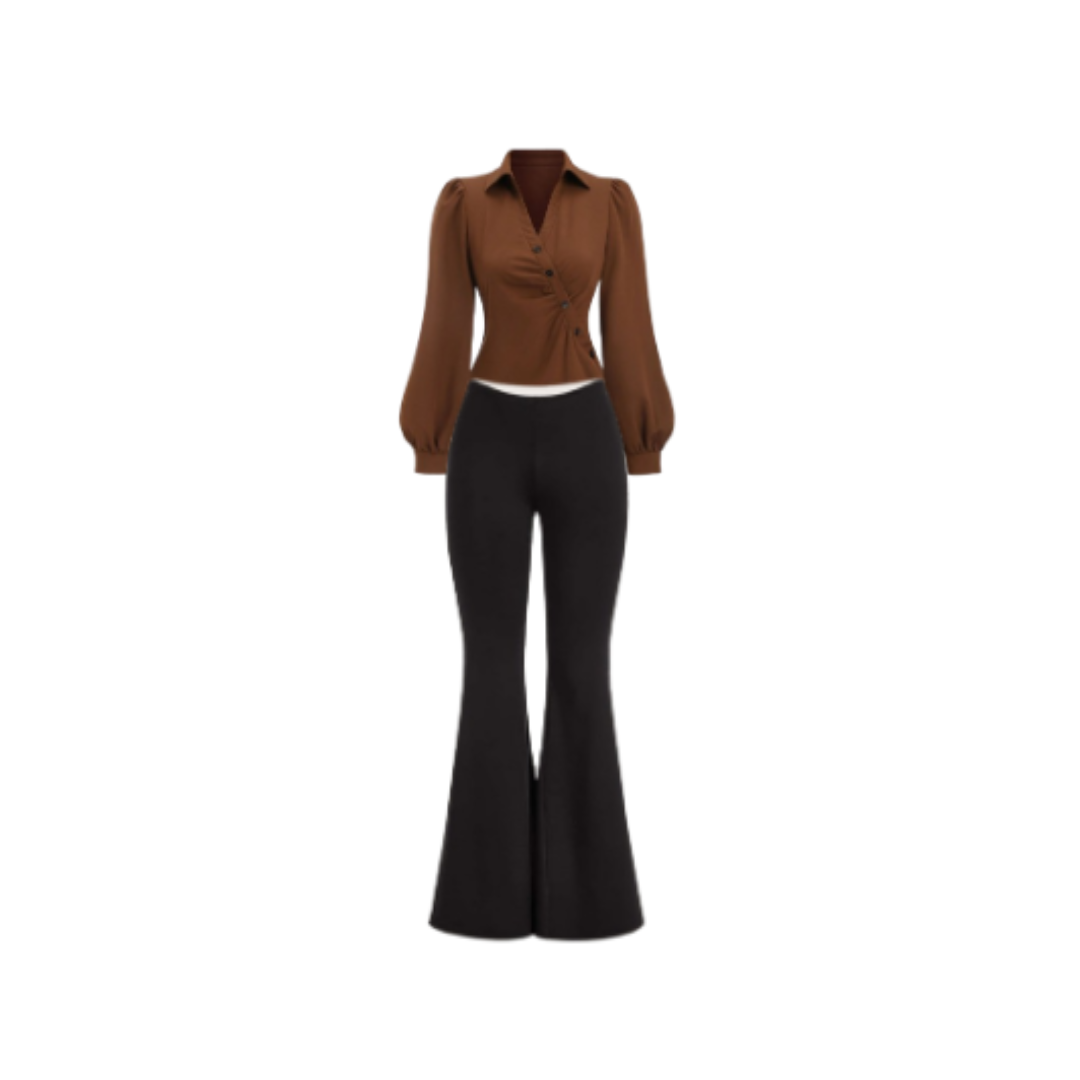 Brown Blouse and Black Flared Pants Set
