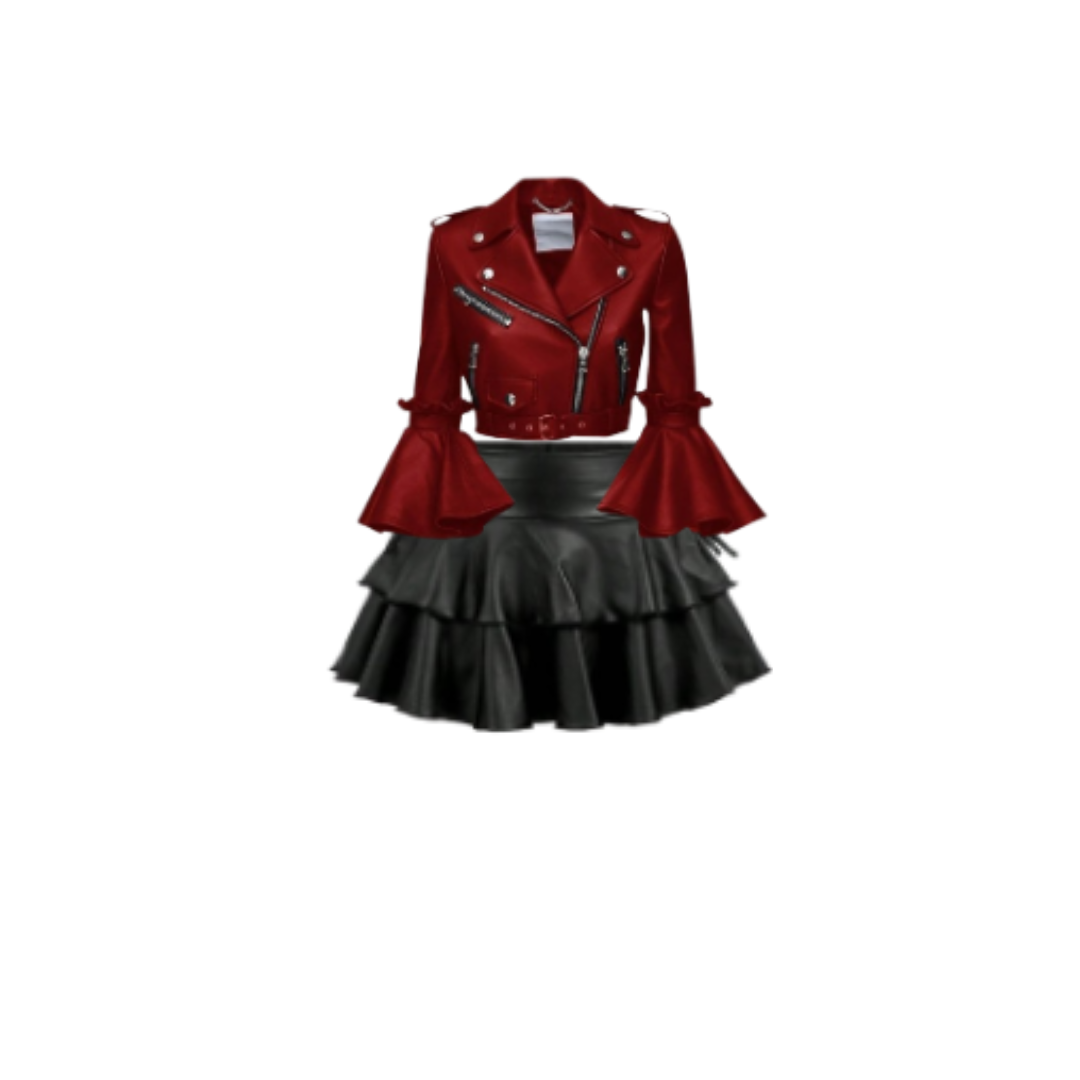 Red Flared Sleeve Leather Jacket & Black Ruffled Skirt Set