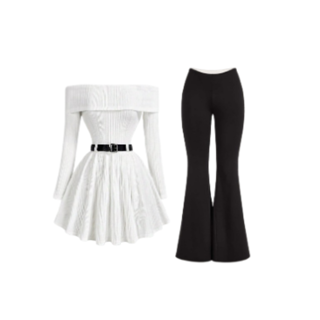 White Off-Shoulder Dress and Black Flared Pants Set