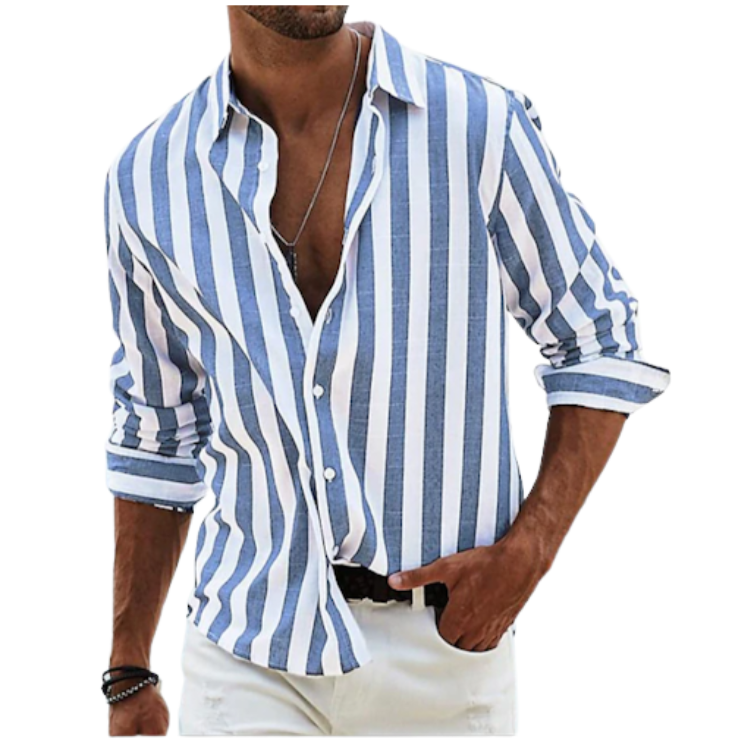 CAMISA LISTRADA BRANCO E AZUL MANGA LONGA EM  TRICOLINE .