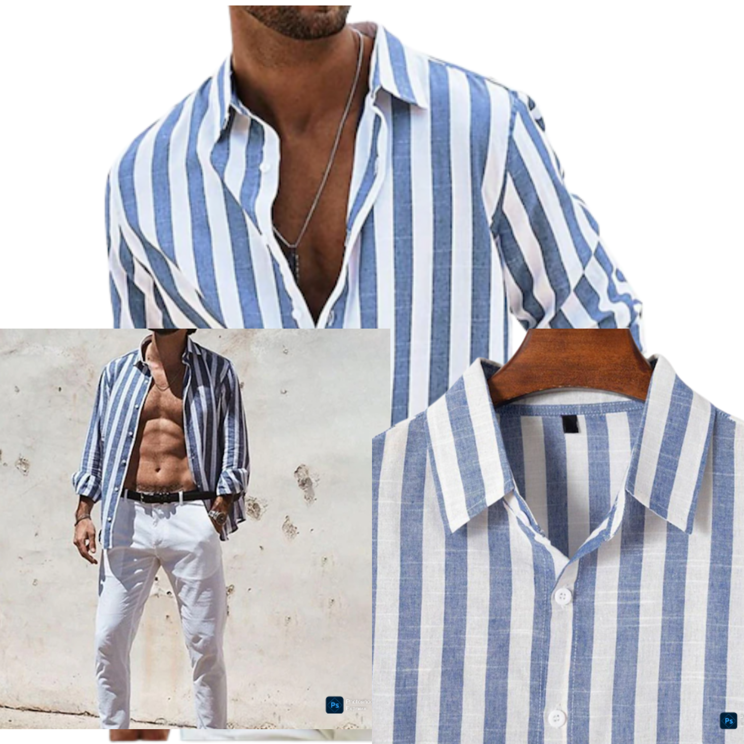 CAMISA LISTRADA BRANCO E AZUL MANGA LONGA EM  TRICOLINE .