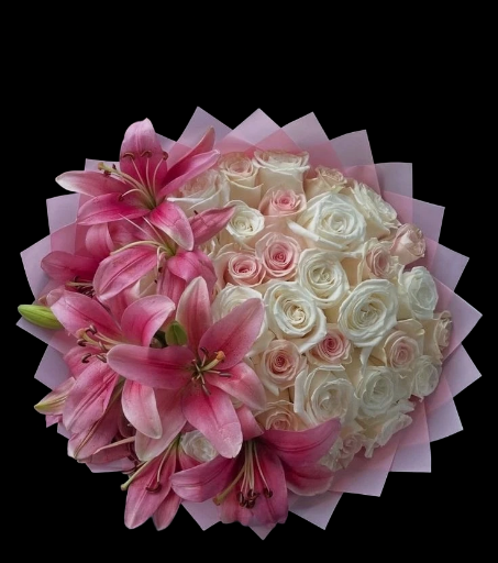 Elegant Pink Lilies and White/ Pink Roses Bouquet