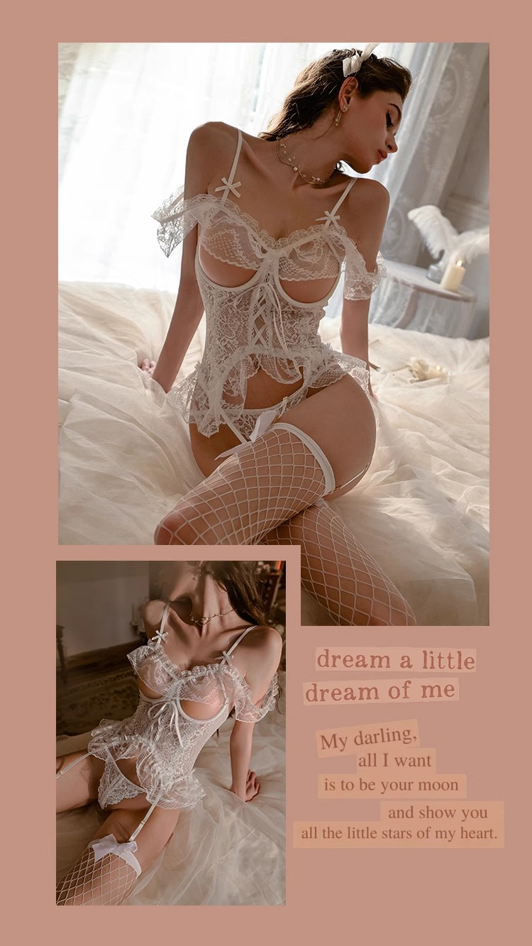 Sexy lingerie with a tempting design that doesn't require removal, featuring steel rings, shame-inducing open-crotch design,  lace uniform, and passionate shame set