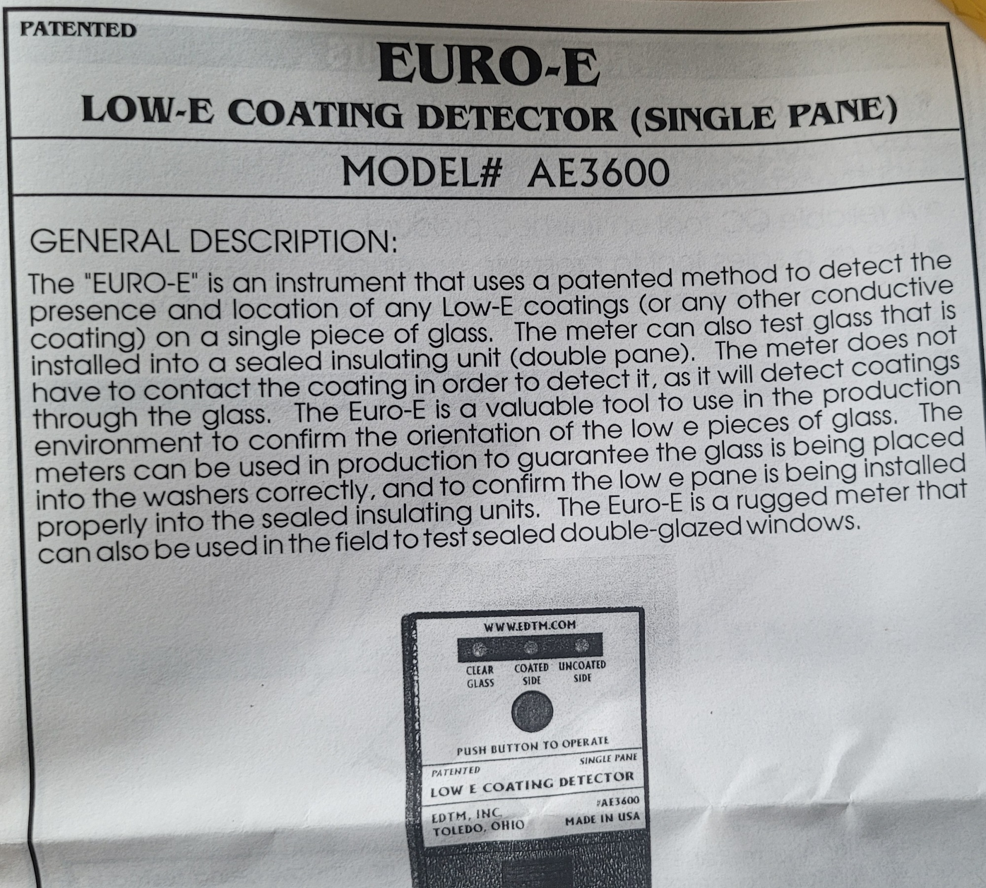 700018 EDTM INC. AE3600 Low-E coating detector