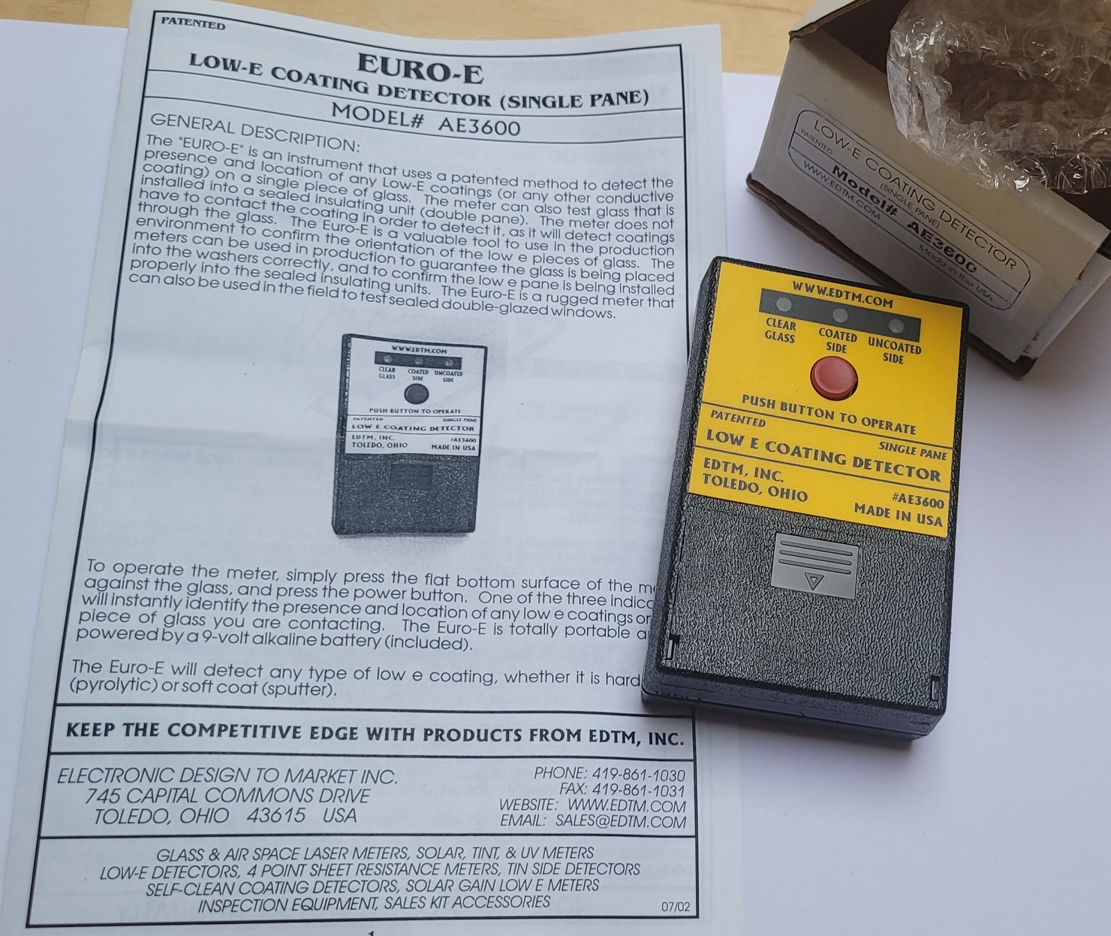 700018 EDTM INC. AE3600 Low-E coating detector