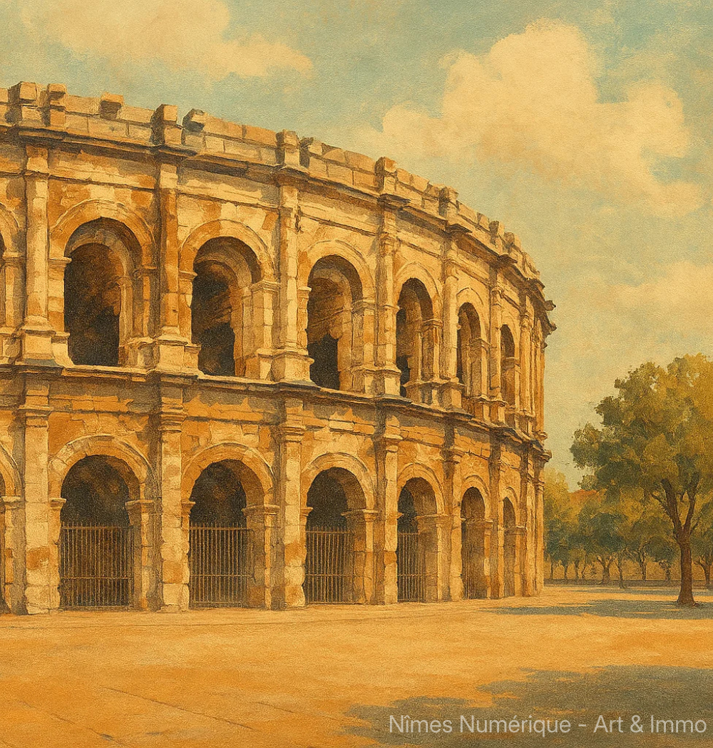 Les Arènes de Nîmes en style vintage – Illustration rétro par IA