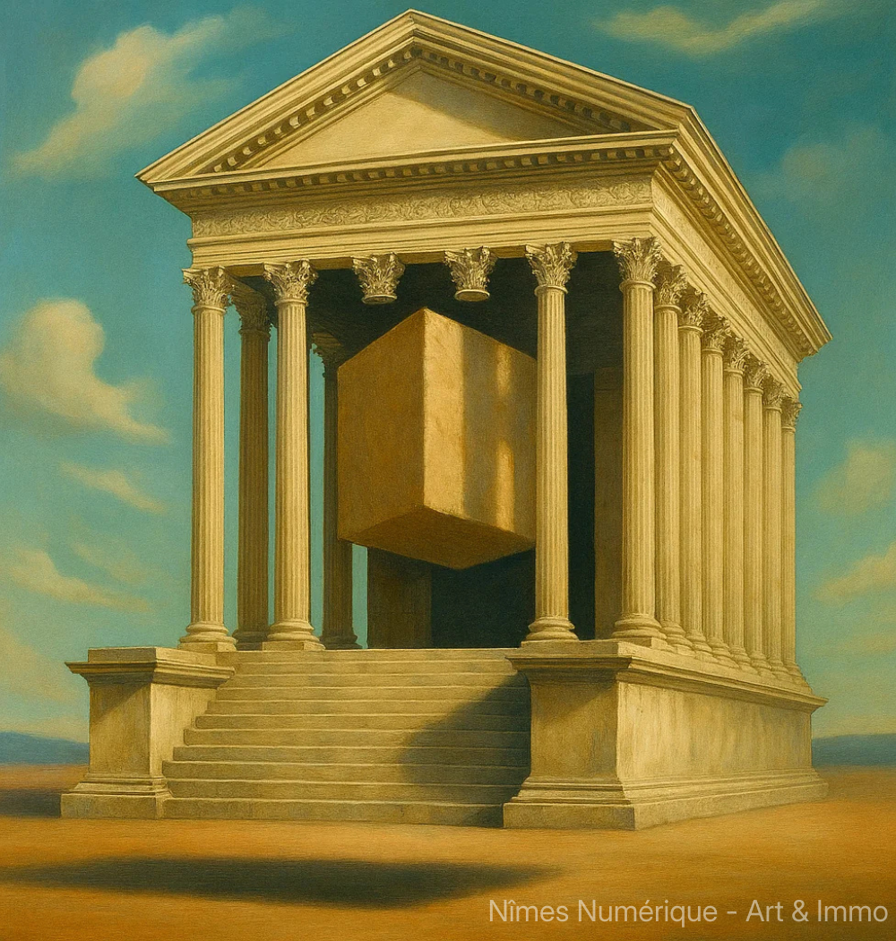 La Maison Carrée entre rêve et rétro – Illustration IA au style vintage surréaliste