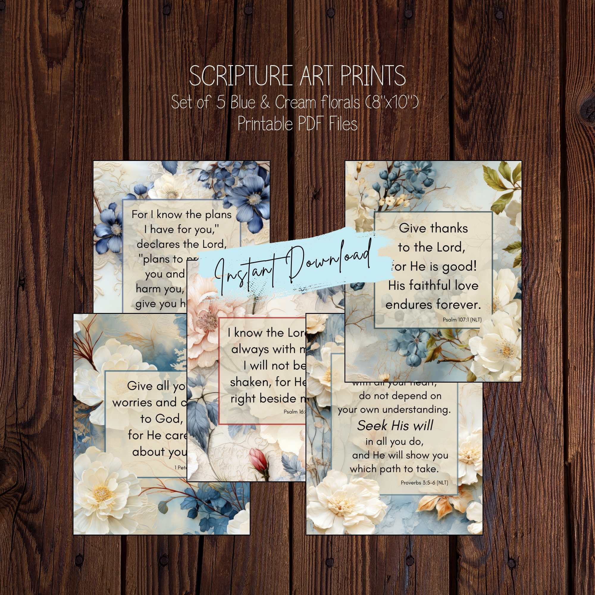 Scripture Art Prints Set, printable art prints, Blue & Cream Floral wall prints