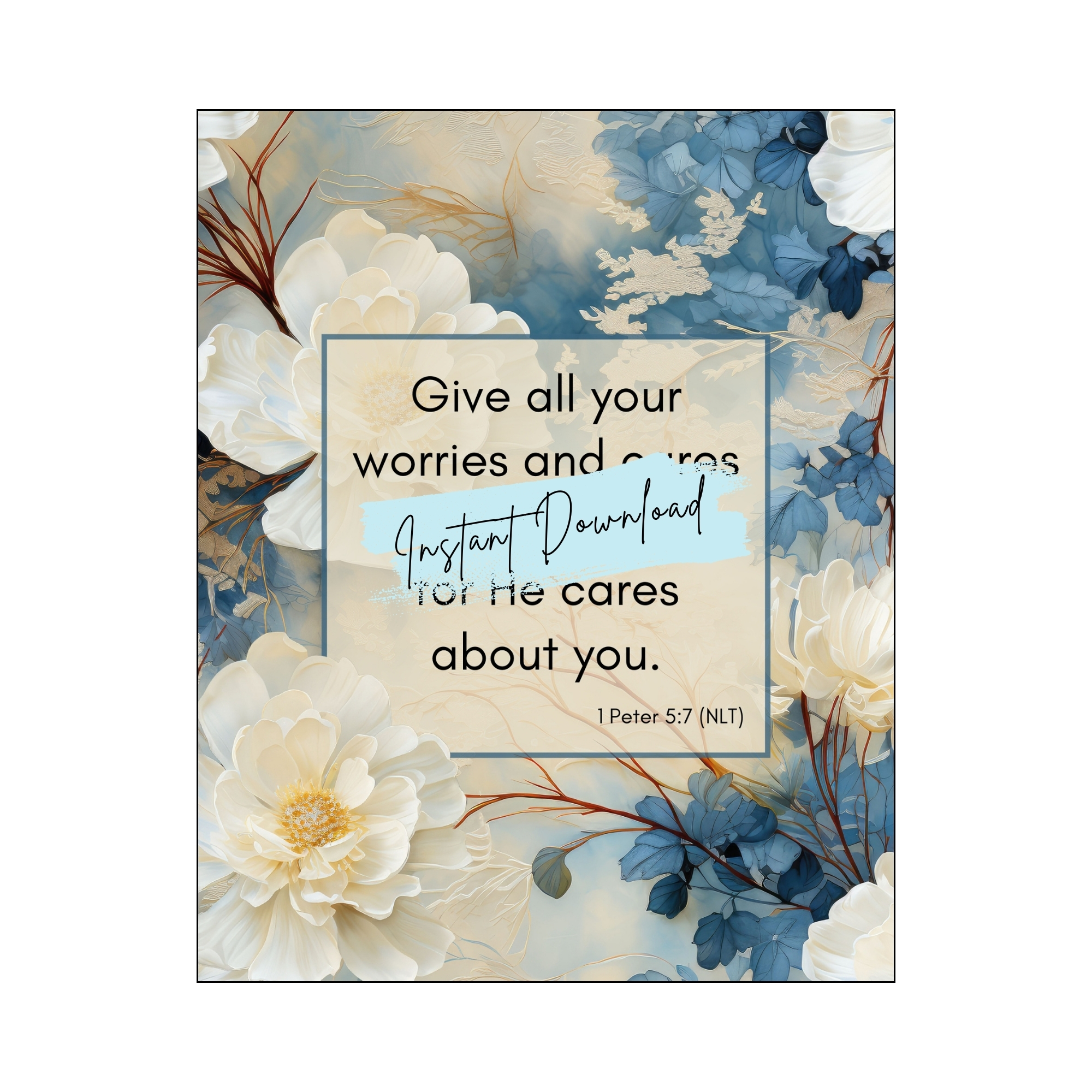 Scripture Art Prints Set, printable art prints, Blue & Cream Floral wall prints