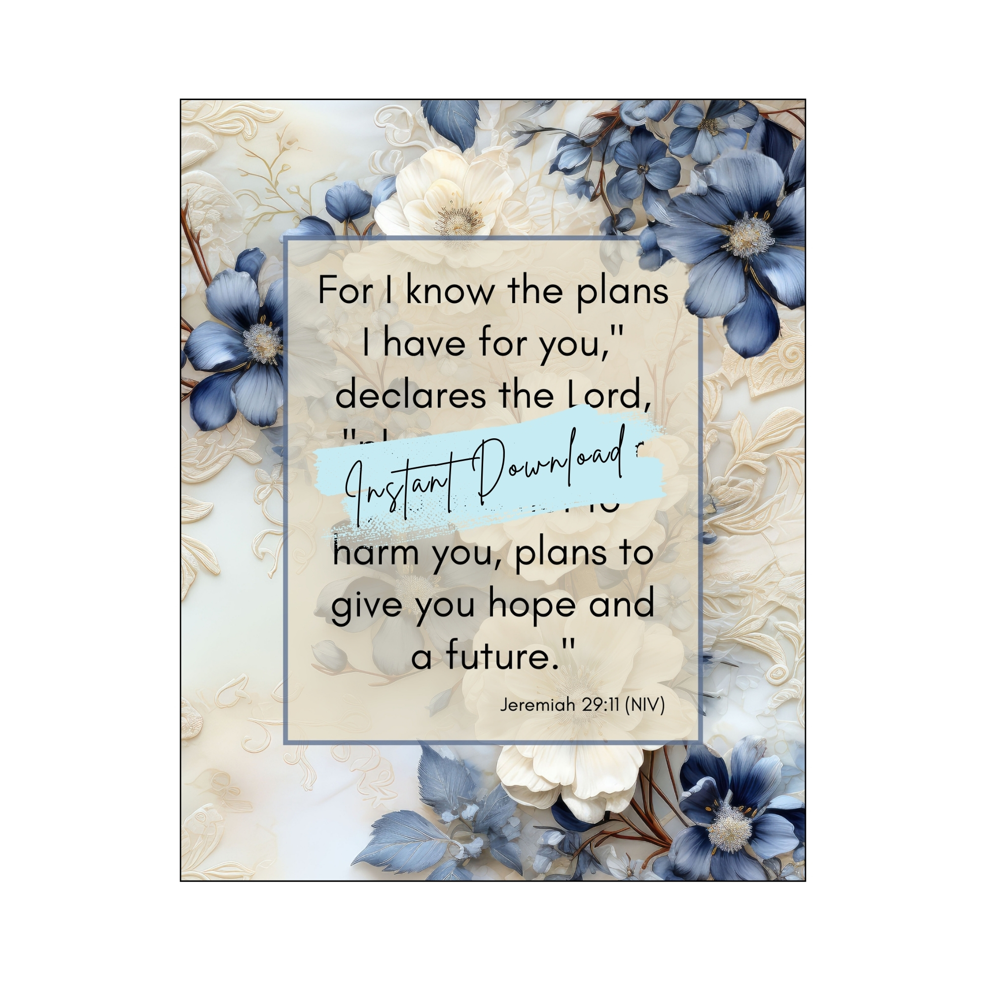 Scripture Art Prints Set, printable art prints, Blue & Cream Floral wall prints