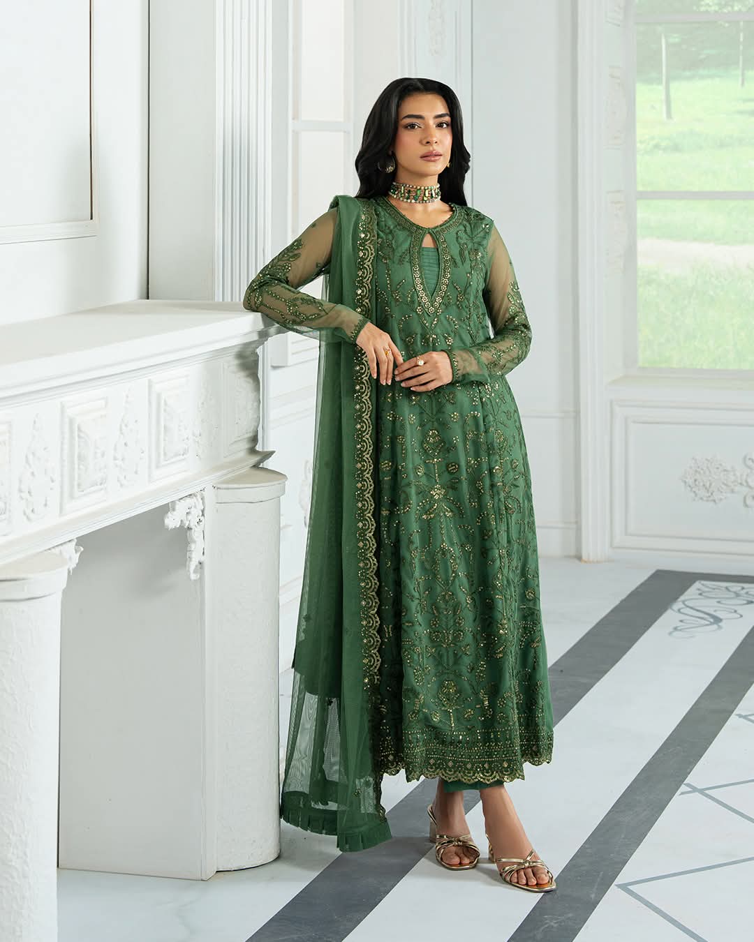  Green Embroidered Anarkali Suit