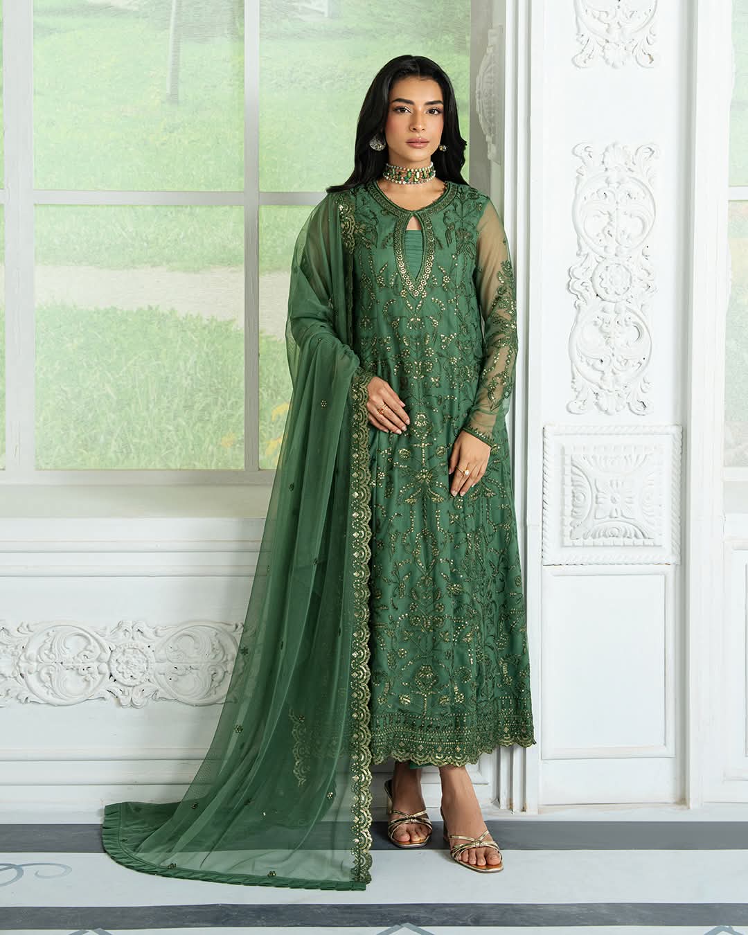  Green Embroidered Anarkali Suit