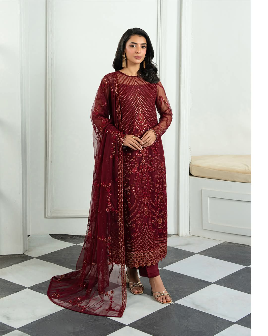 Elegant Maroon Embroidered Dress