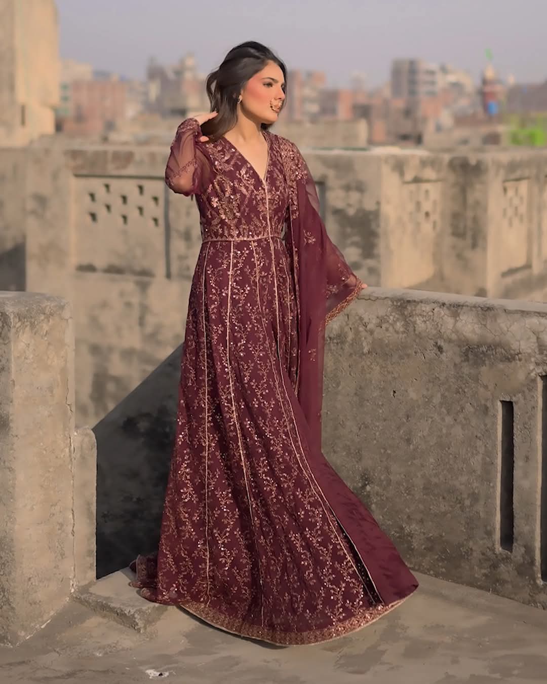 Embroidered Maroon Evening Gown