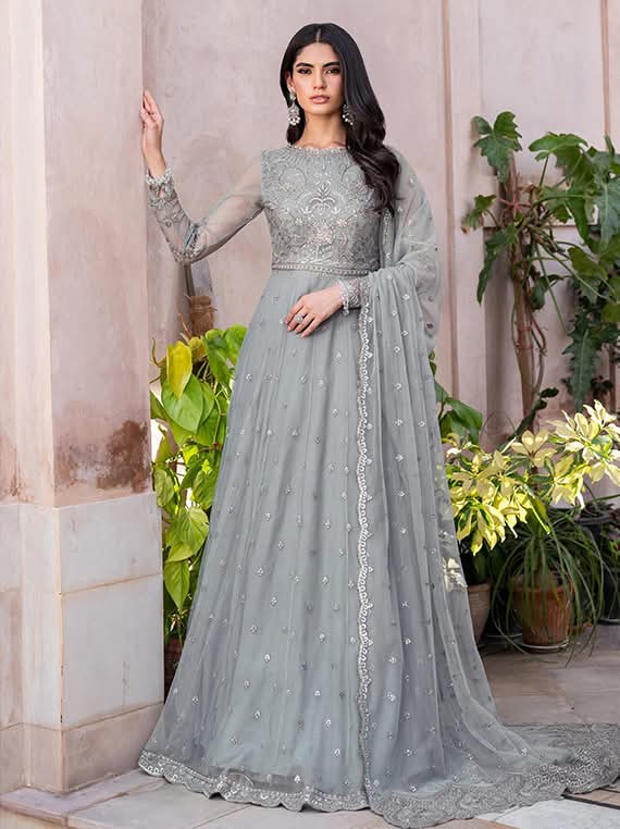 Elegant Grey Embroidered Evening Gown