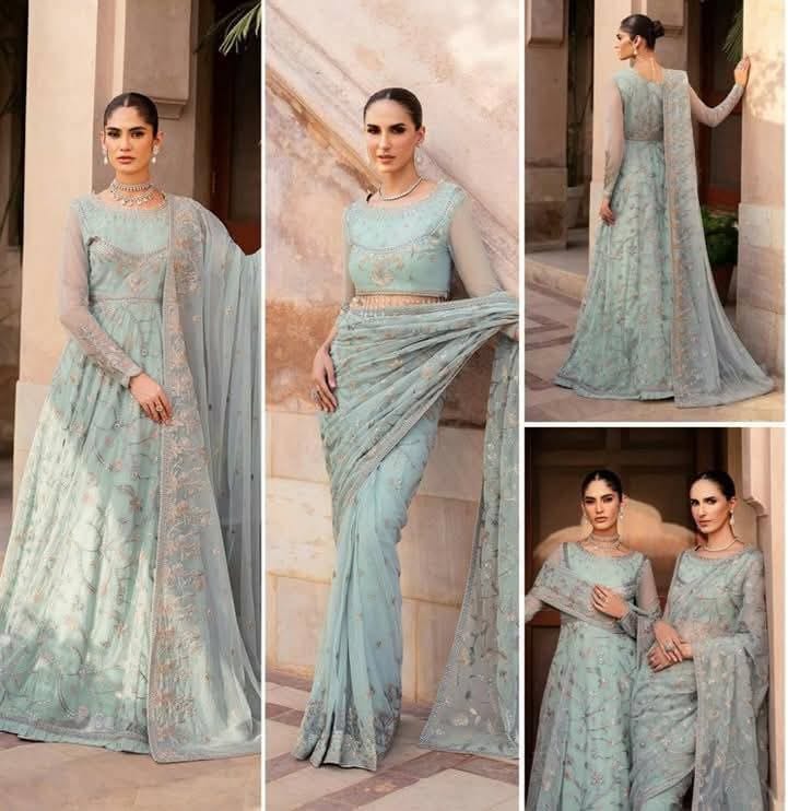 Elegant Mint Green Embroidered Saree Set