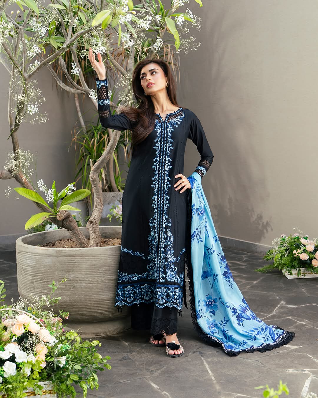 Elegant Black and Blue Embroidered Lawn Suit