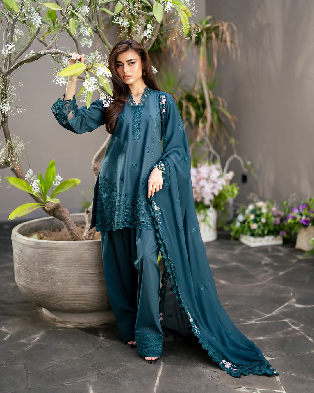 Elegant Teal Embroidered Outfit