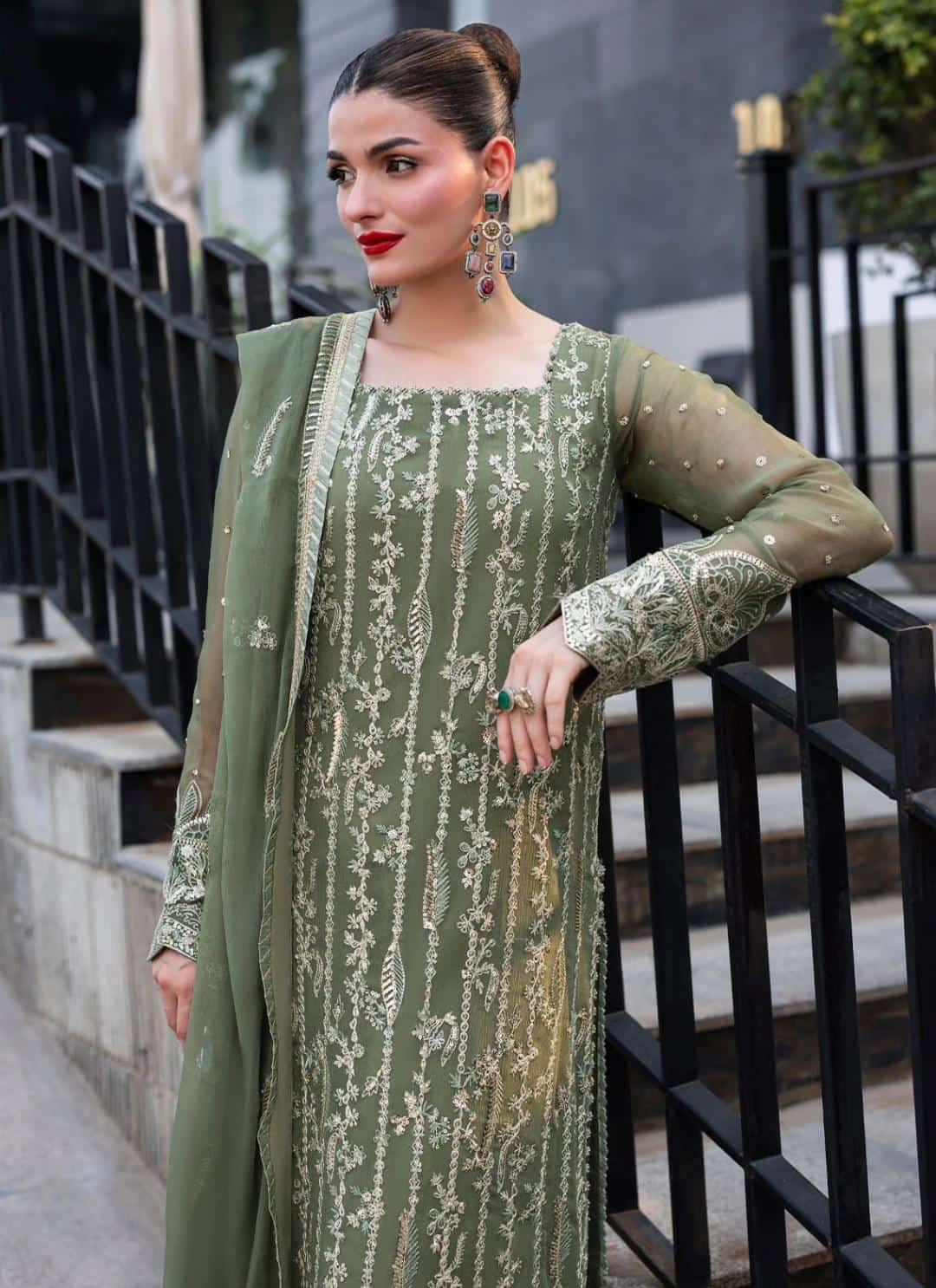 Embroidered Olive Green Formal Dress