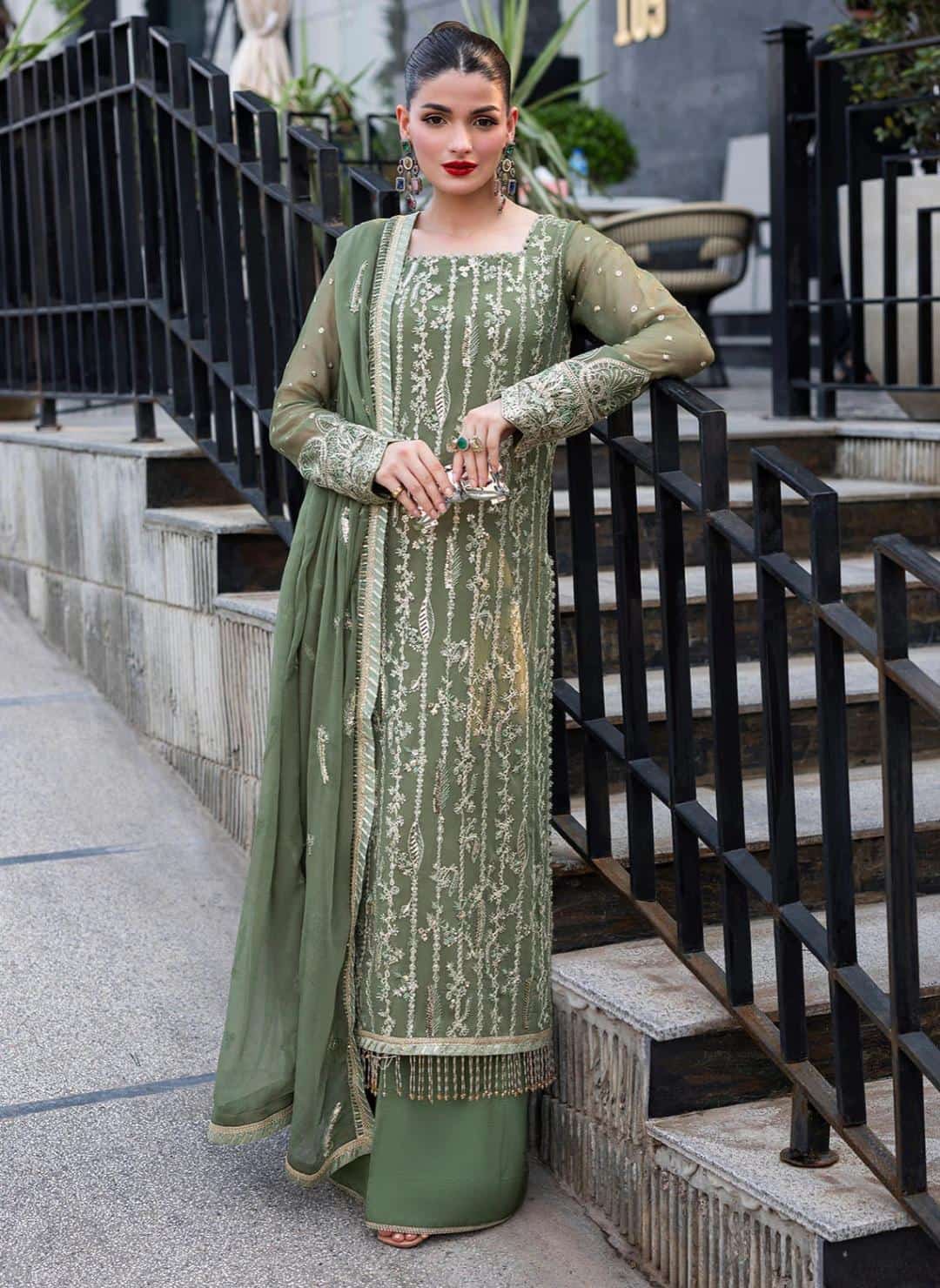 Embroidered Olive Green Formal Dress