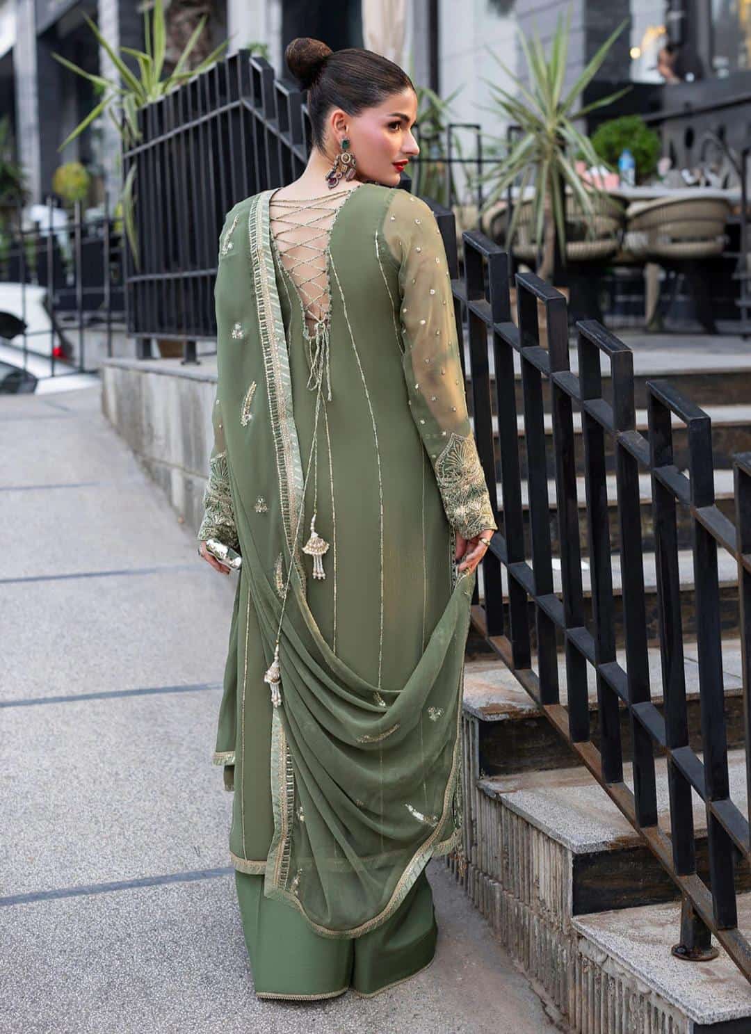 Embroidered Olive Green Formal Dress