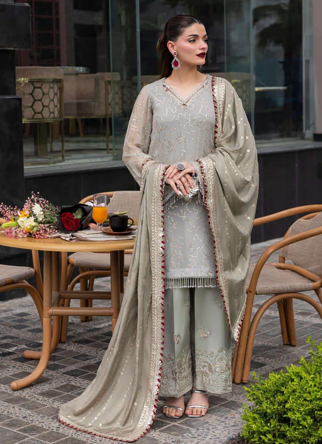 Elegant Embroidered Chiffon Suit