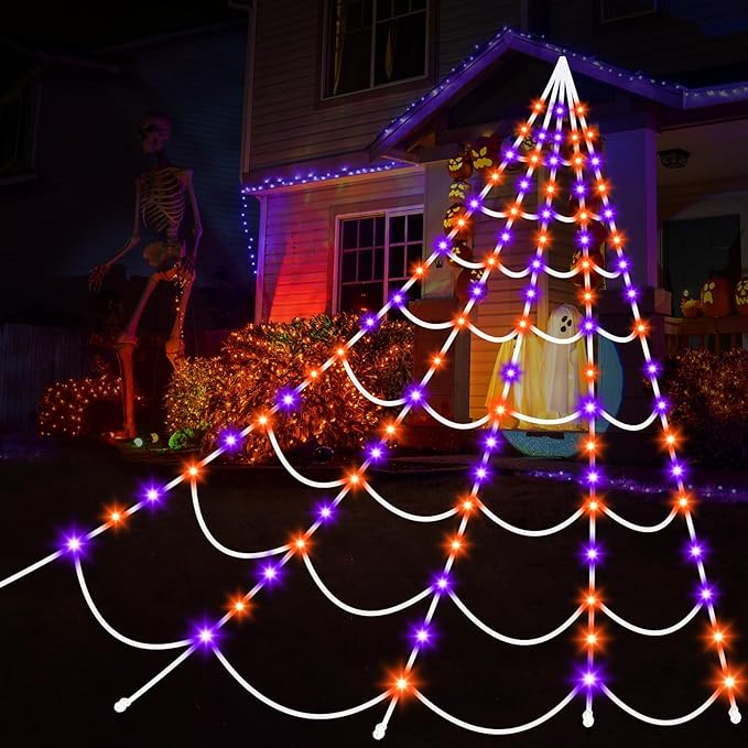 Halloween Decorations Spider Webs 150 LED Light 17.4FT(Purple), 8 Modes Battery Oerated 