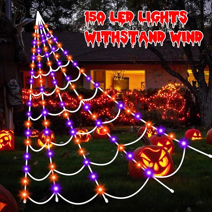 Halloween Decorations Spider Webs 150 LED Light 17.4FT(Purple), 8 Modes Battery Oerated 
