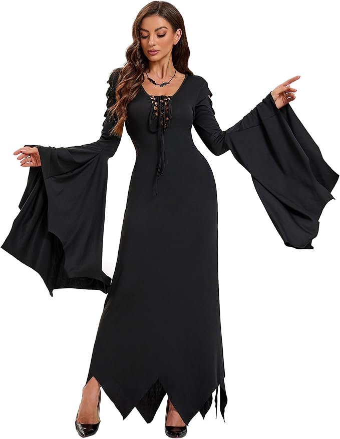 V-Neck Witch Dress Side Slits Vampire Costume