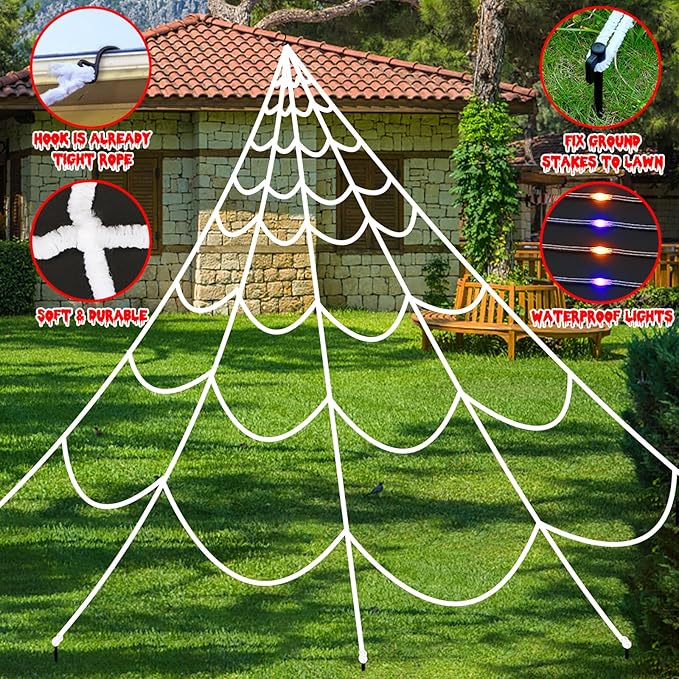 Halloween Decorations Spider Webs 150 LED Light 17.4FT(Purple), 8 Modes Battery Oerated 