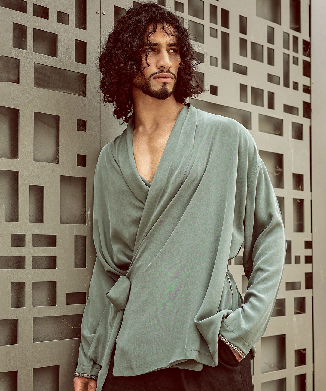 Chemise perse en soie unie verte taupe