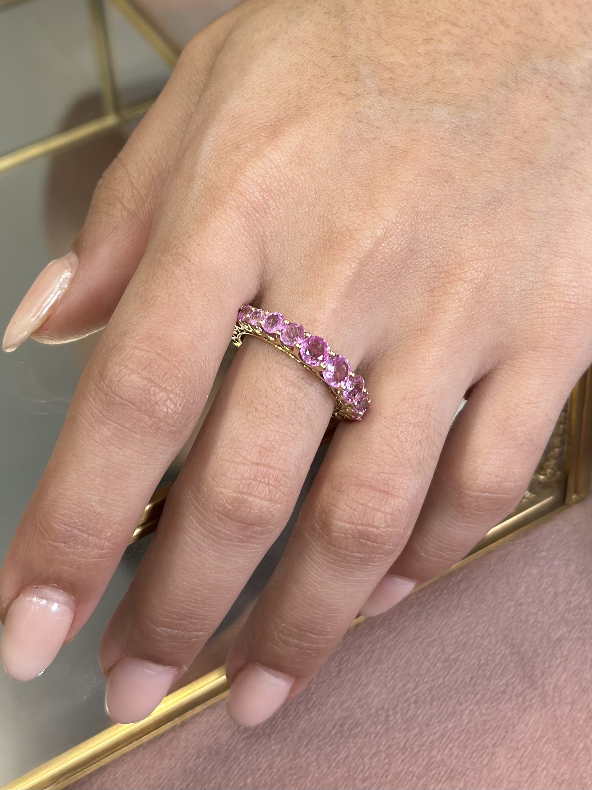 Anillo de oro 14K con zafiros rosados talla 7