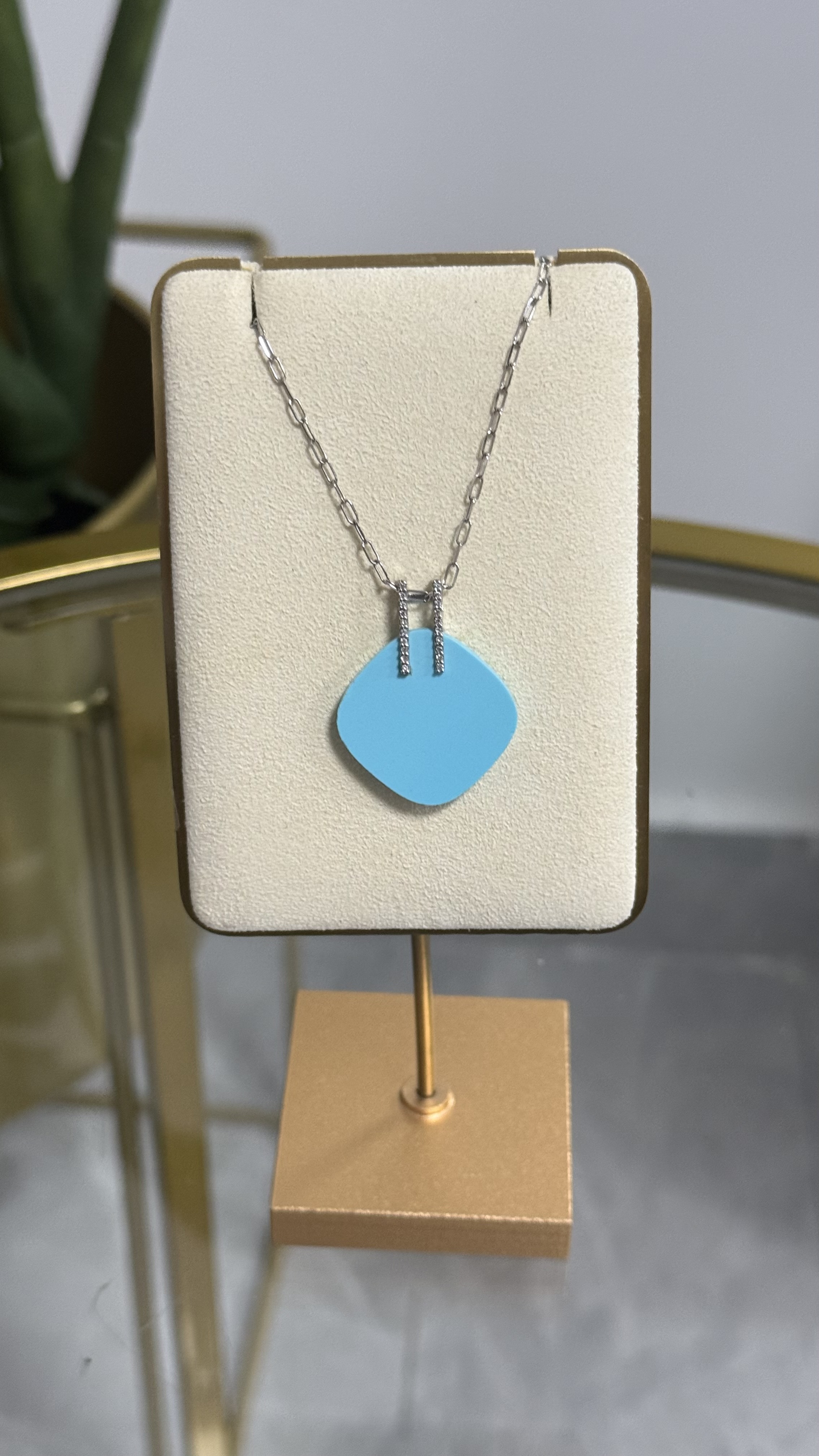 Dije oro Blanco 14kt Turquesa y Diamantes / Collar Oro Blanco 10kt