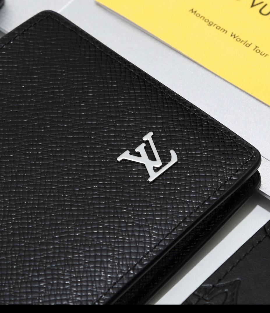 LV Inspired Black Leather Wallet - Silver Logo
