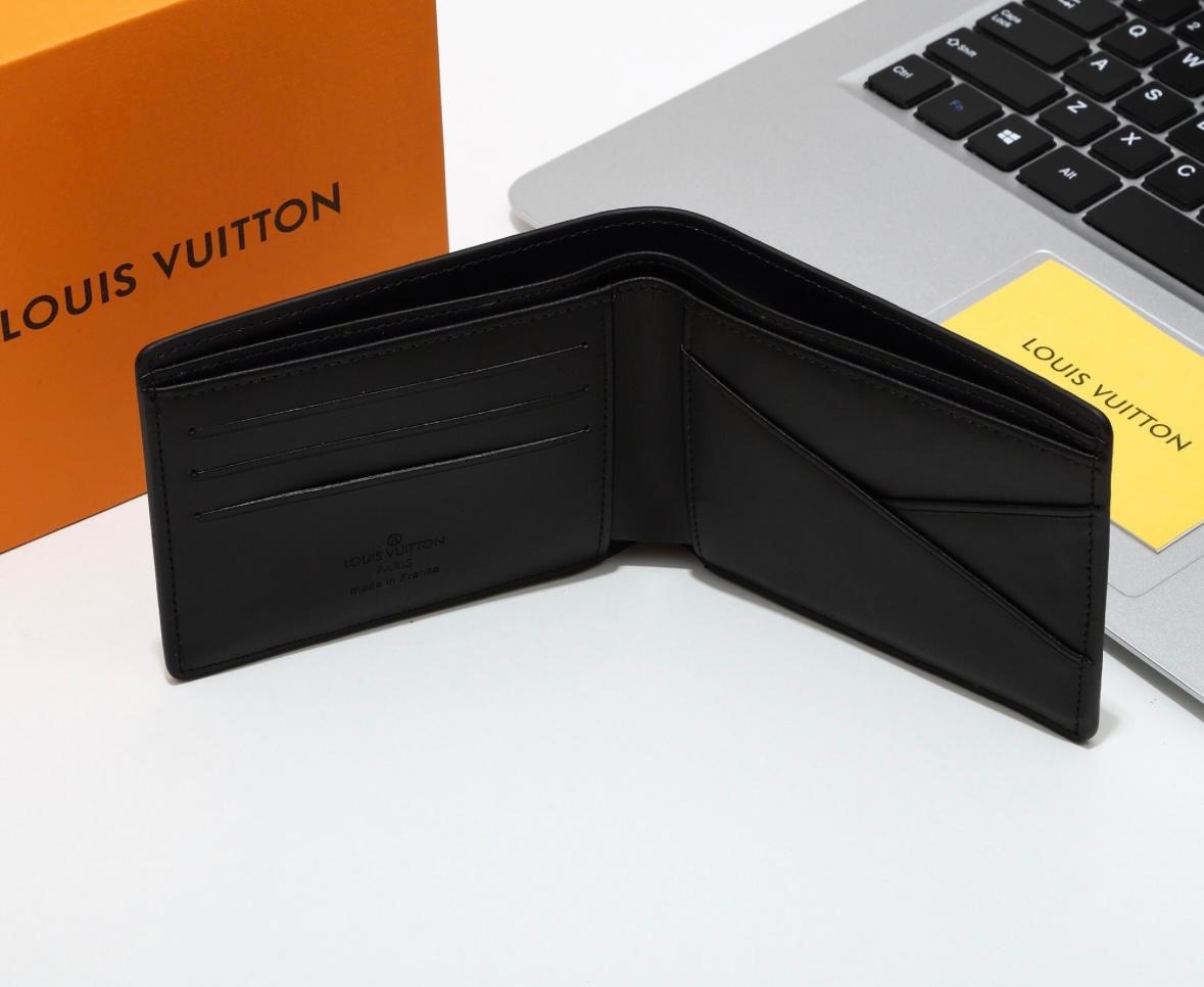 LV Inspired Black Leather Wallet - Silver Logo