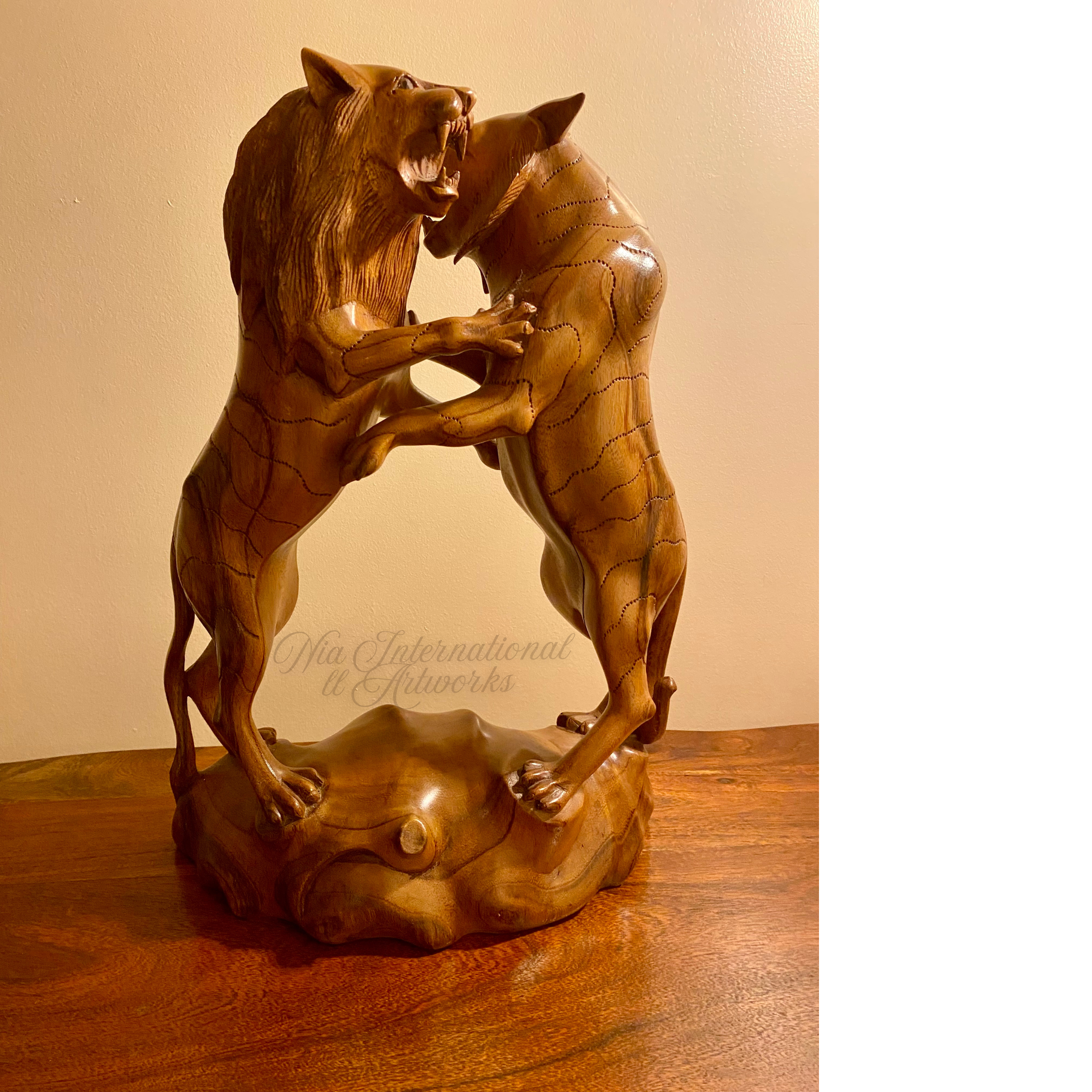 Hand-Carved Wooden Lion Statue
