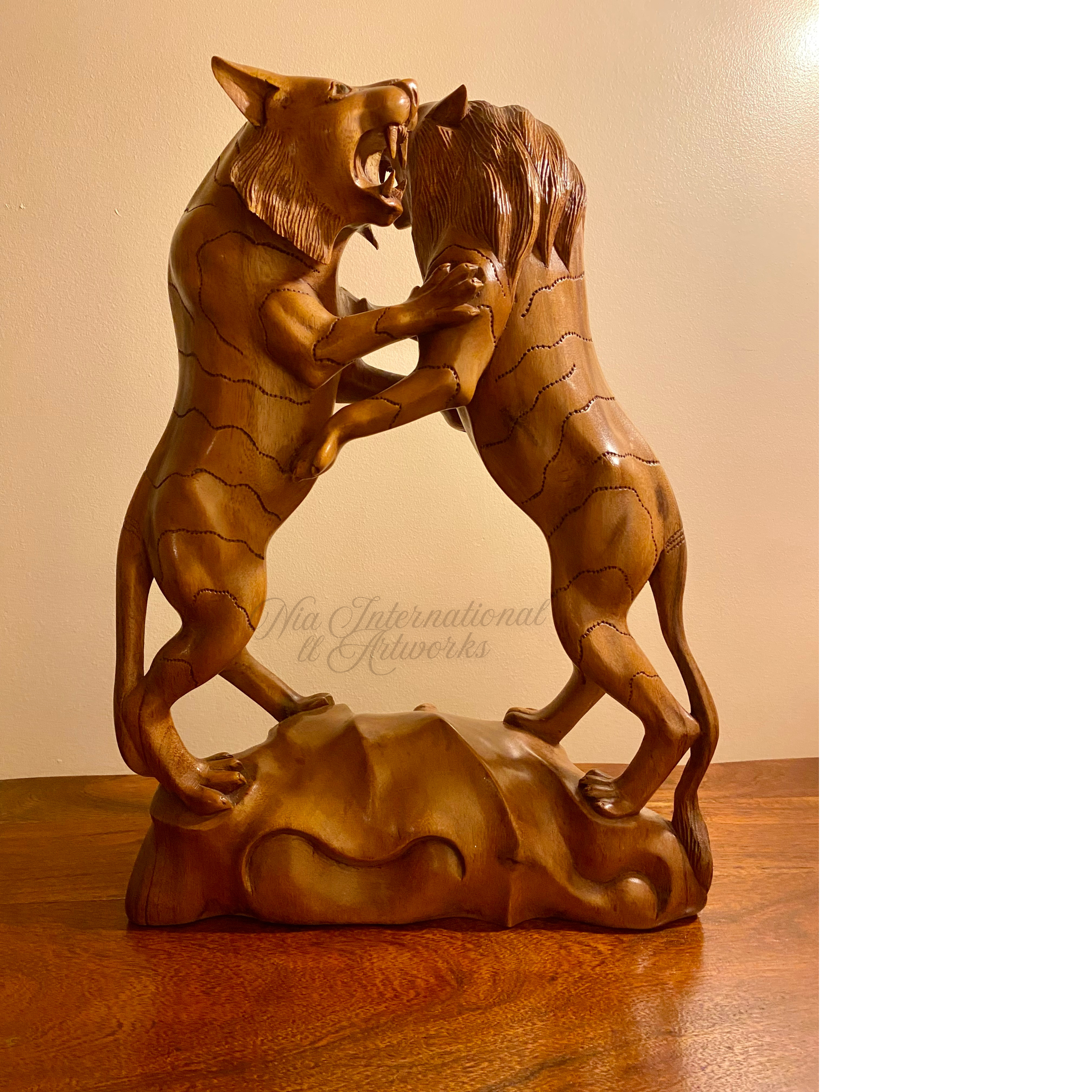 Hand-Carved Wooden Lion Statue