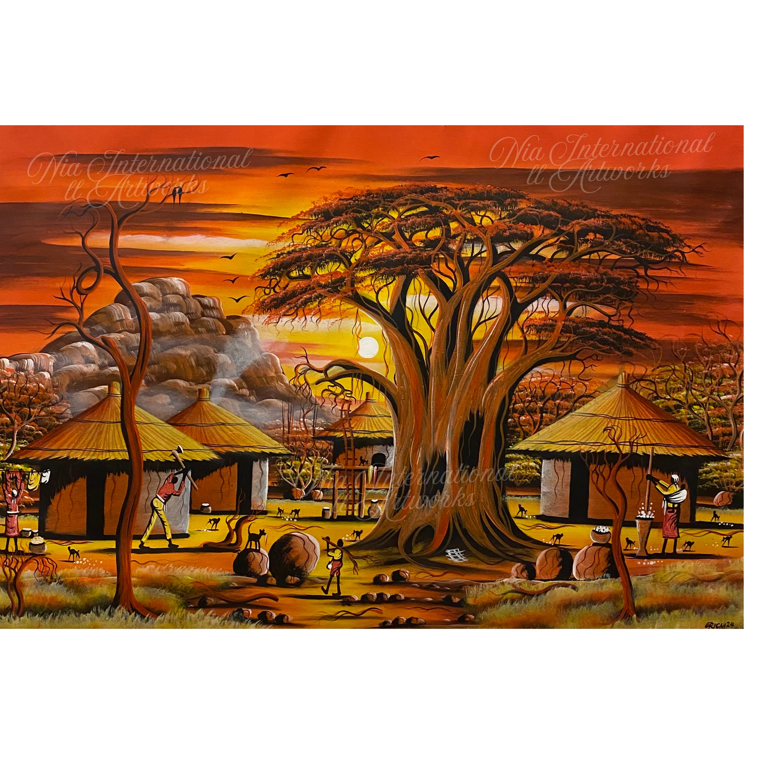 African Village Sunset Painting
