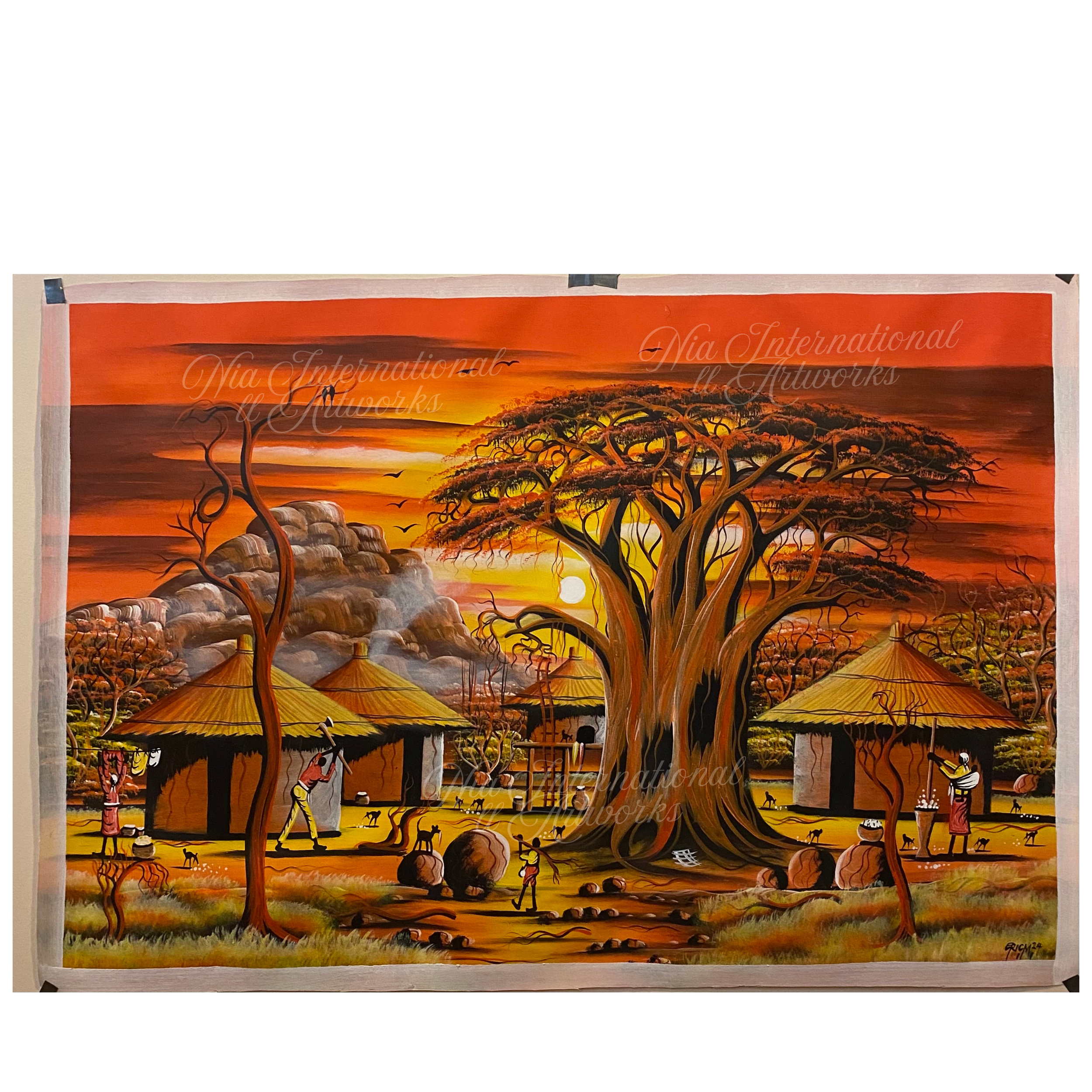African Village Sunset Painting