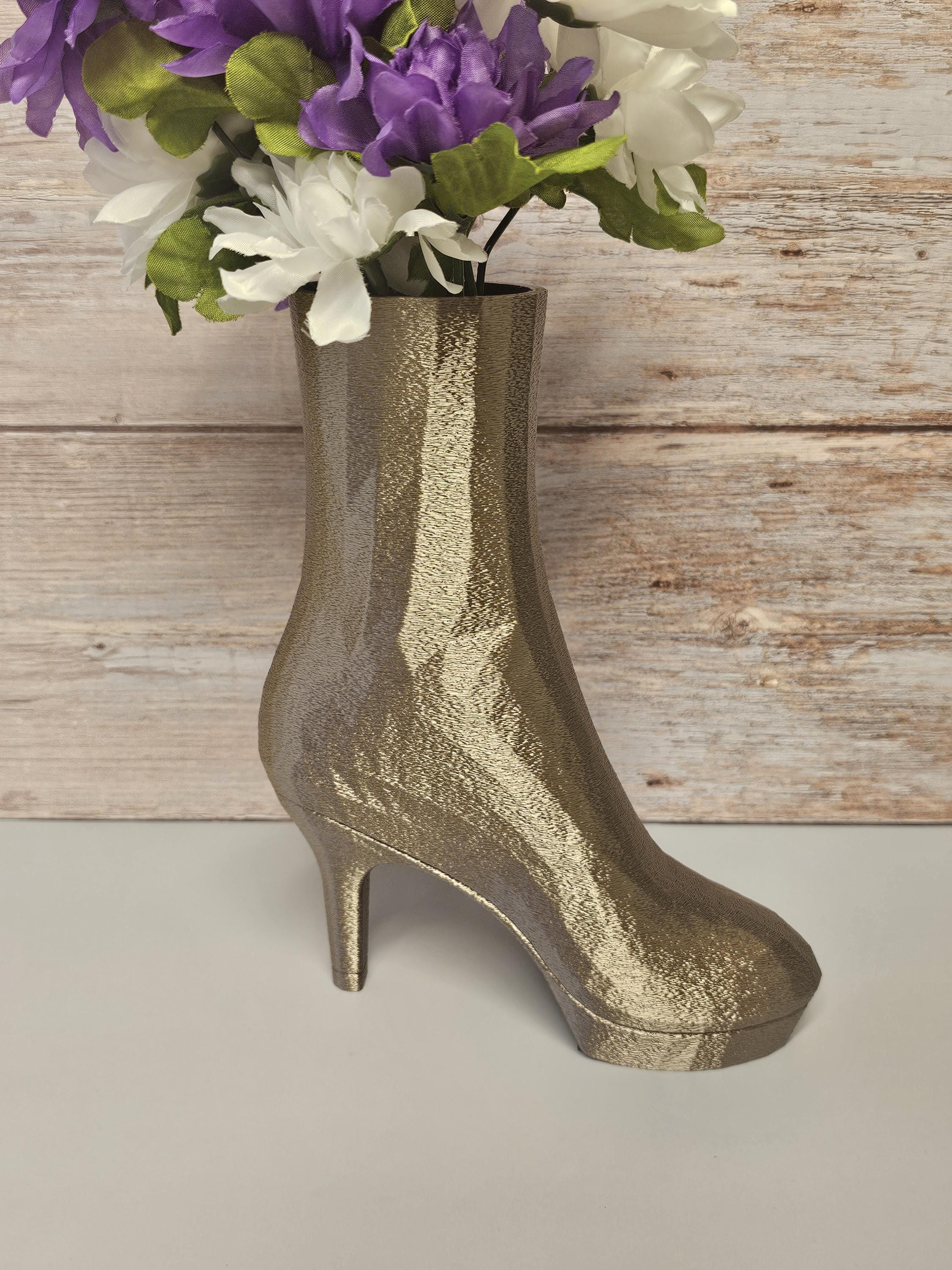 3D Printed High Heel Boot Vase: Antique Gold Fashion Decor