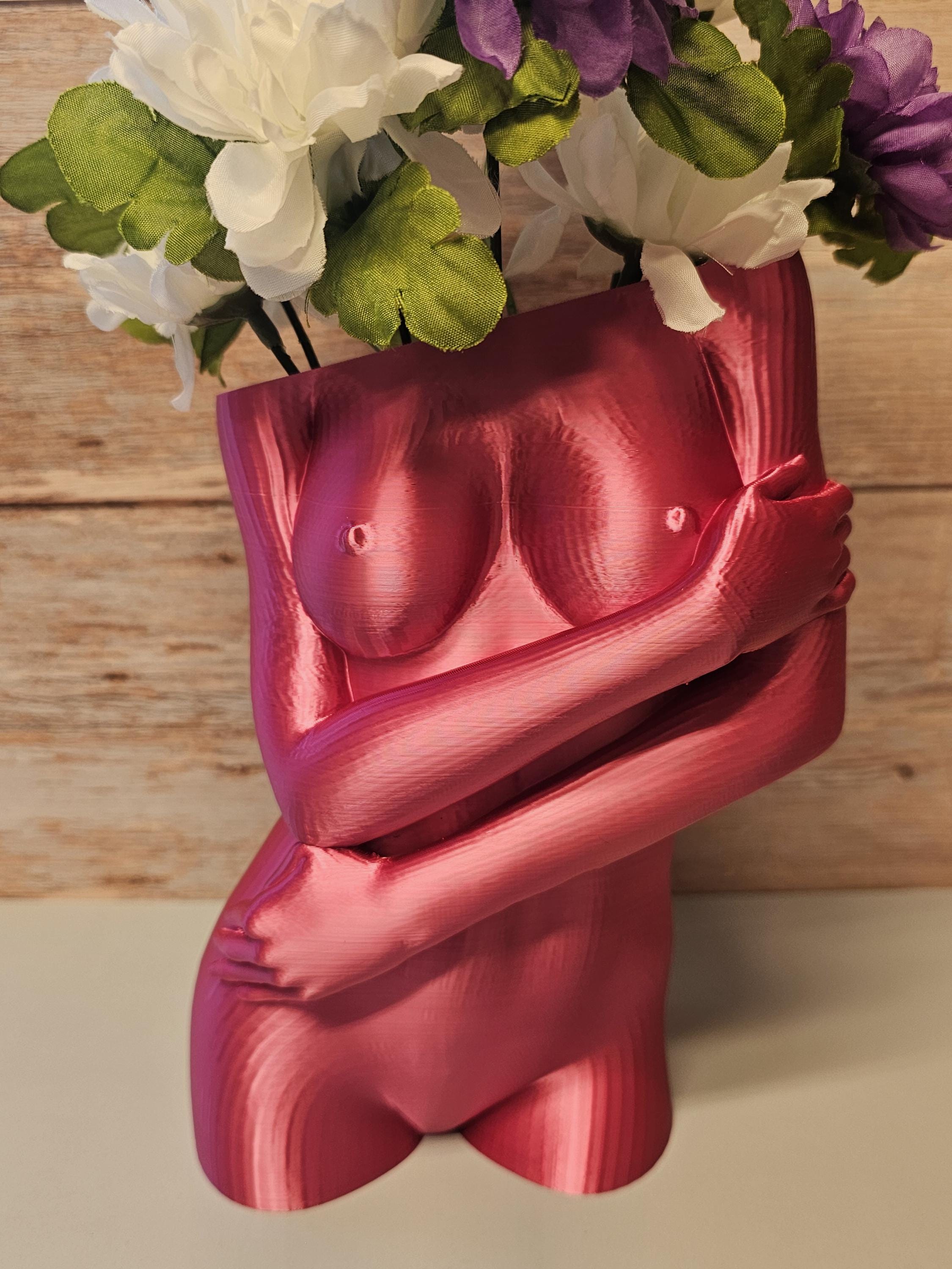Sculptural Sable Female Torso Vase - 3D-Printed in Electric Rose - Modern Body Positive Art Decor