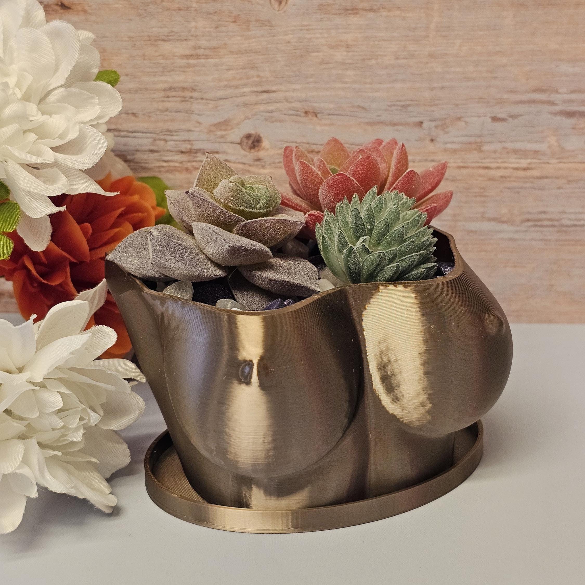 3D Printed Bust Planter: Antique Gold Sculptural Indoor Po for Live or Decorative Plants