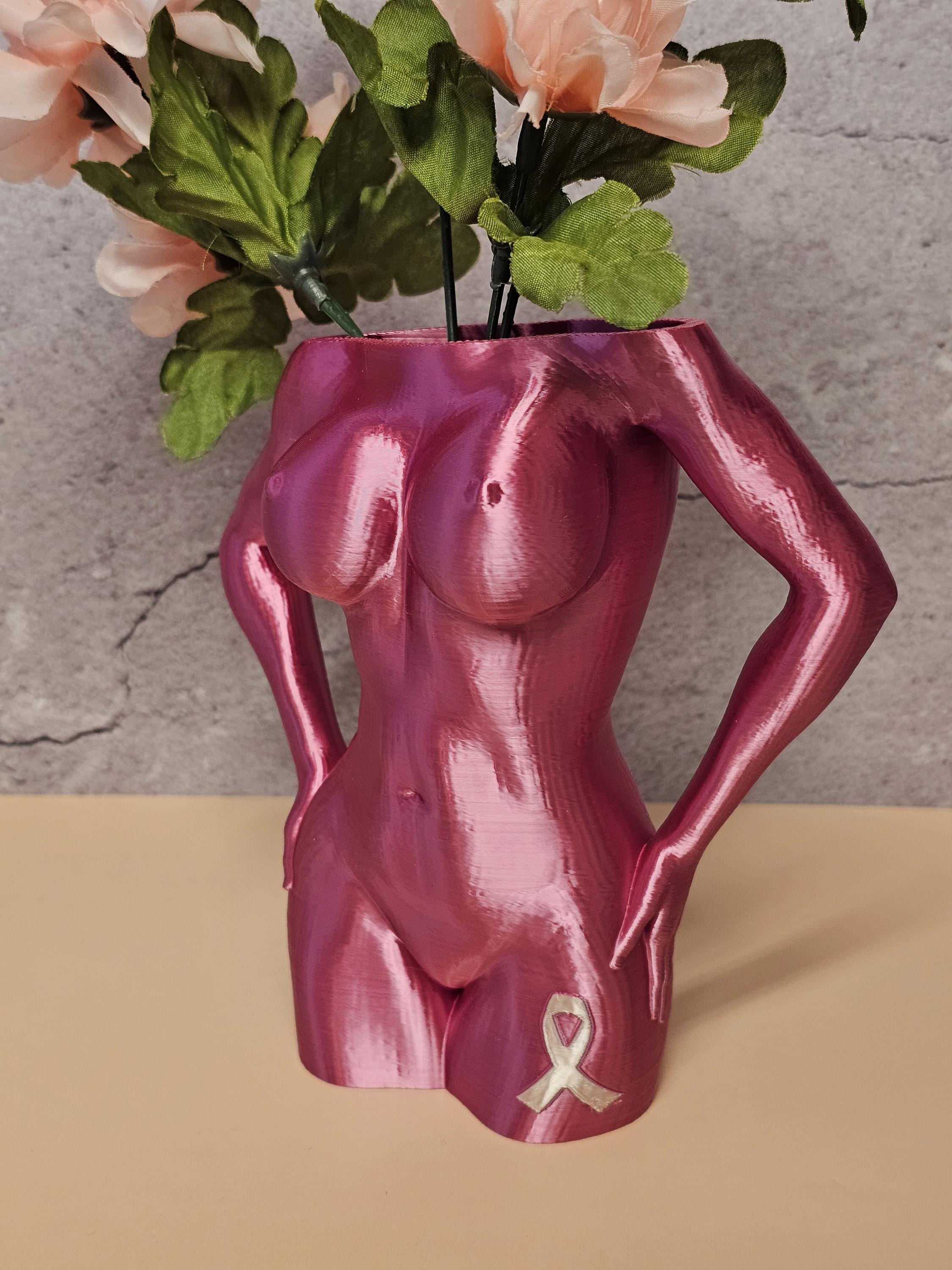 Pink Torso Vase: Breast Cancer Awareness Gift, Ribbon Keychain