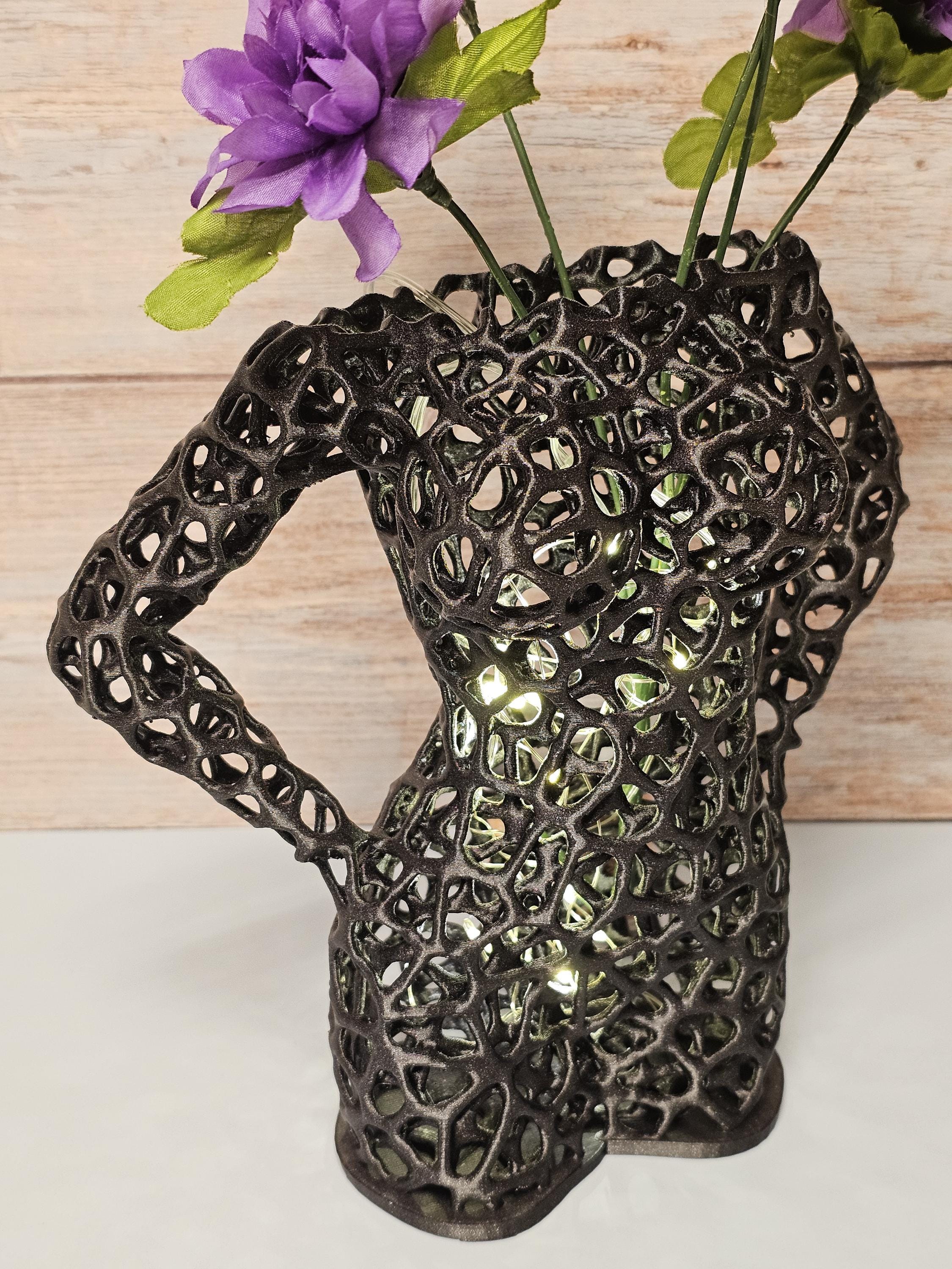 Voronoi Female Torso Vase: 3D Printed Sculpture Planter - Diamond Black LED Decor
