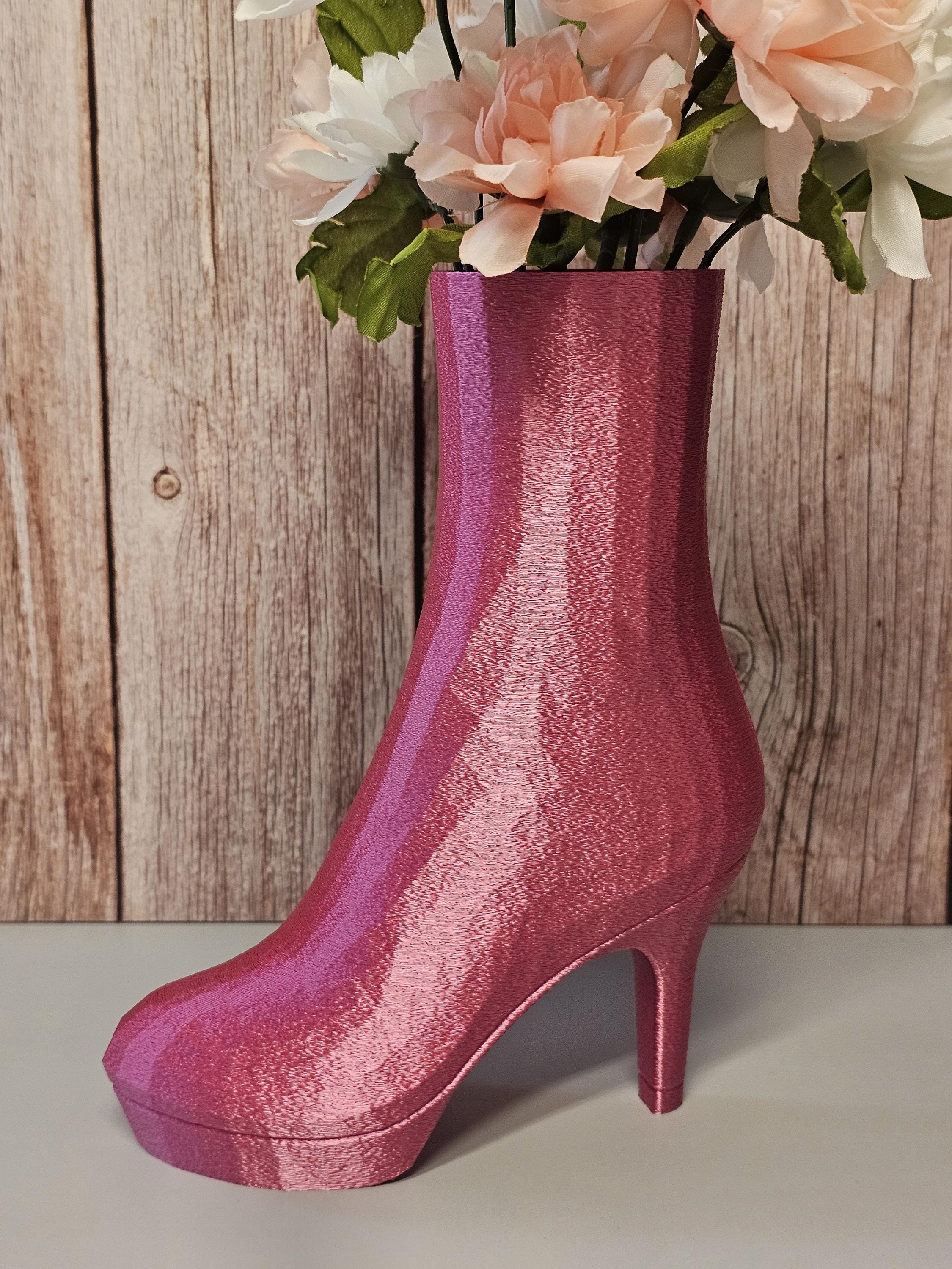 3D Printed High Heel Boot Vase: Electric Rose Pink Modern Decor