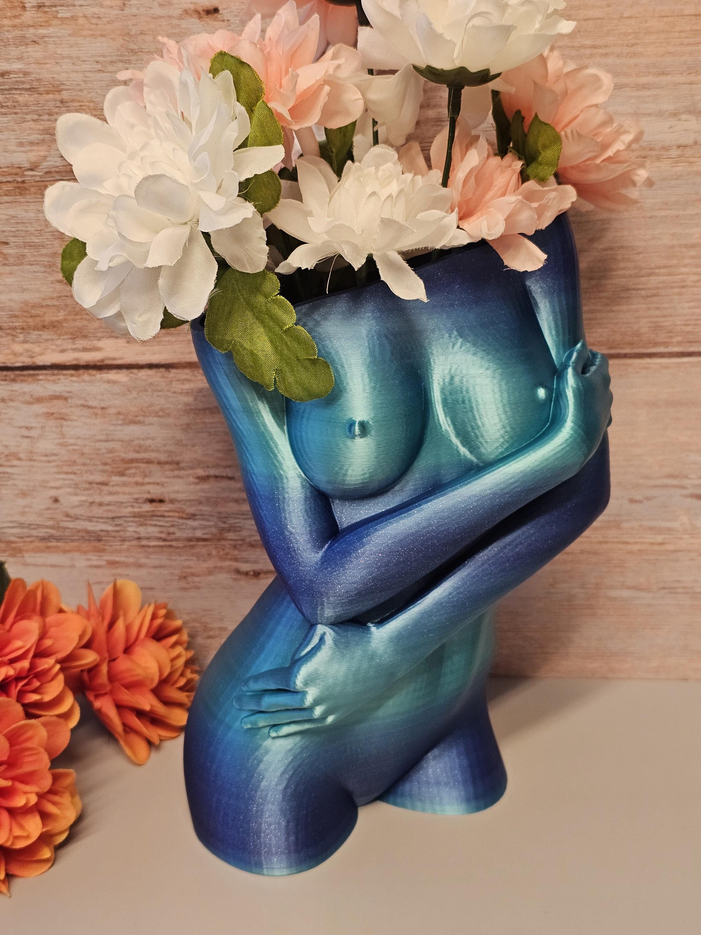 3D Printed Female Torso Vase: Aqua Oasis Body Positive Art Decor