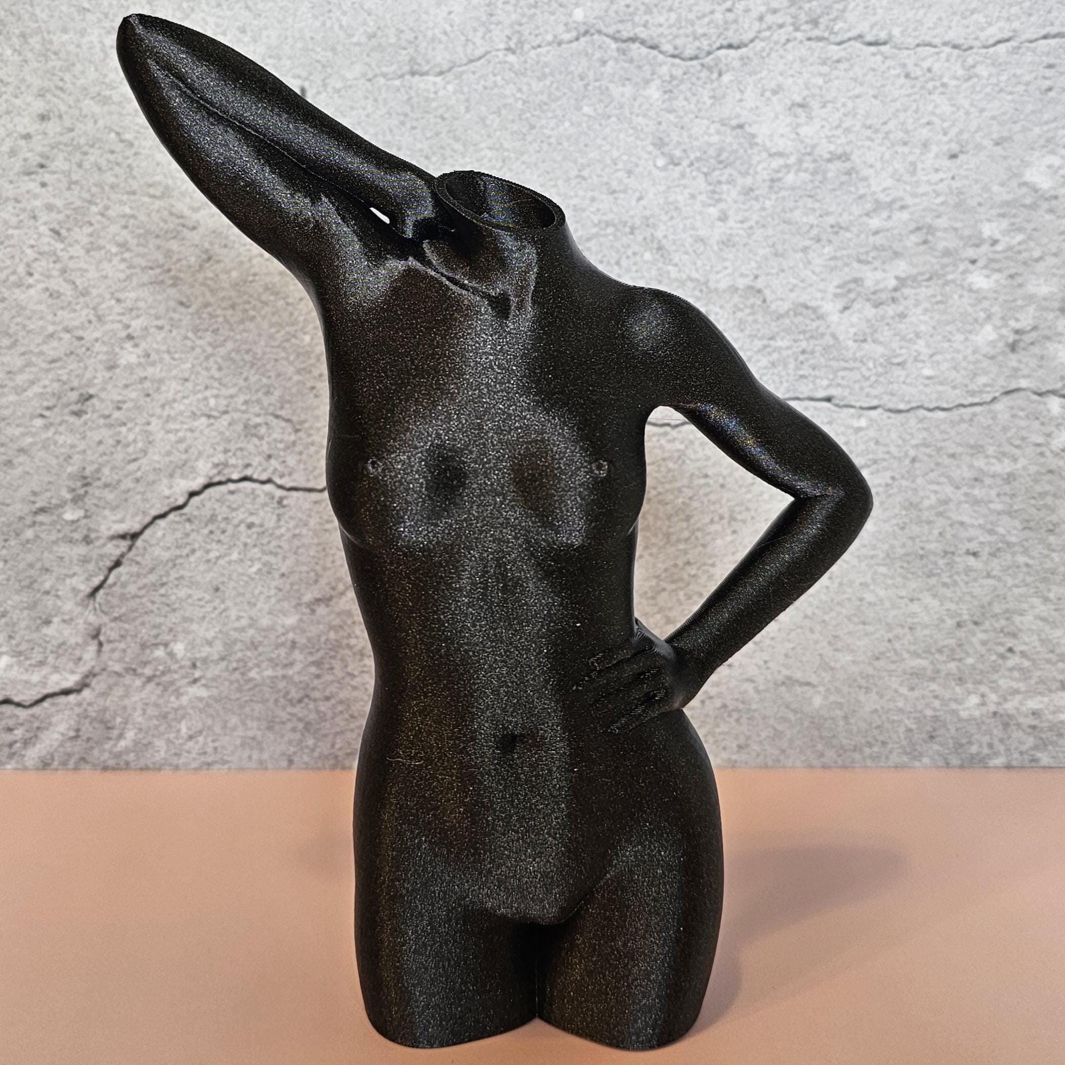 Elegant 3D Printed Female Torso Vase: Modern Black Diamond Sculpture for Contemporary Home Decor