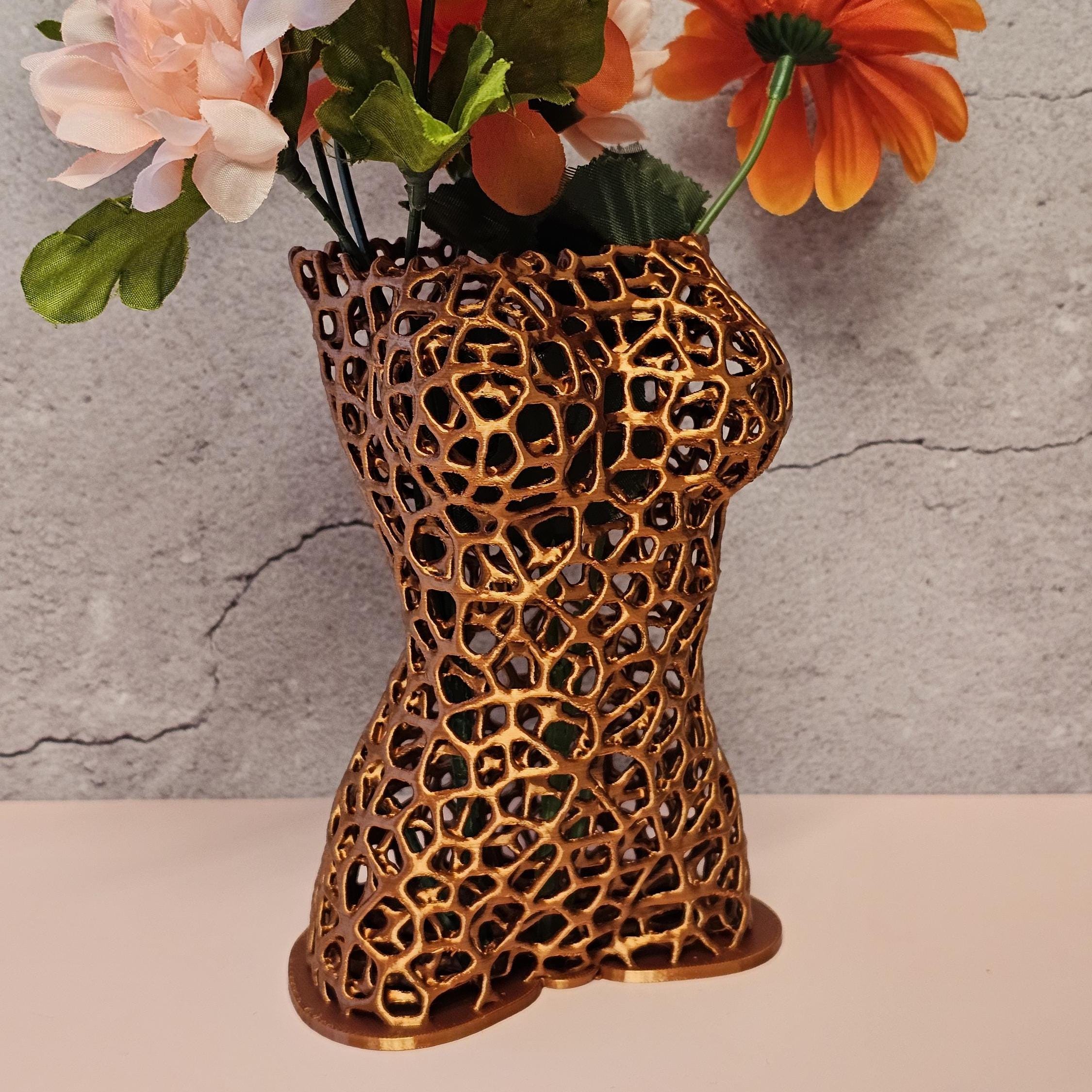 Voronoi Copper Torso Vase: 3D Printed Female Body Art Decor