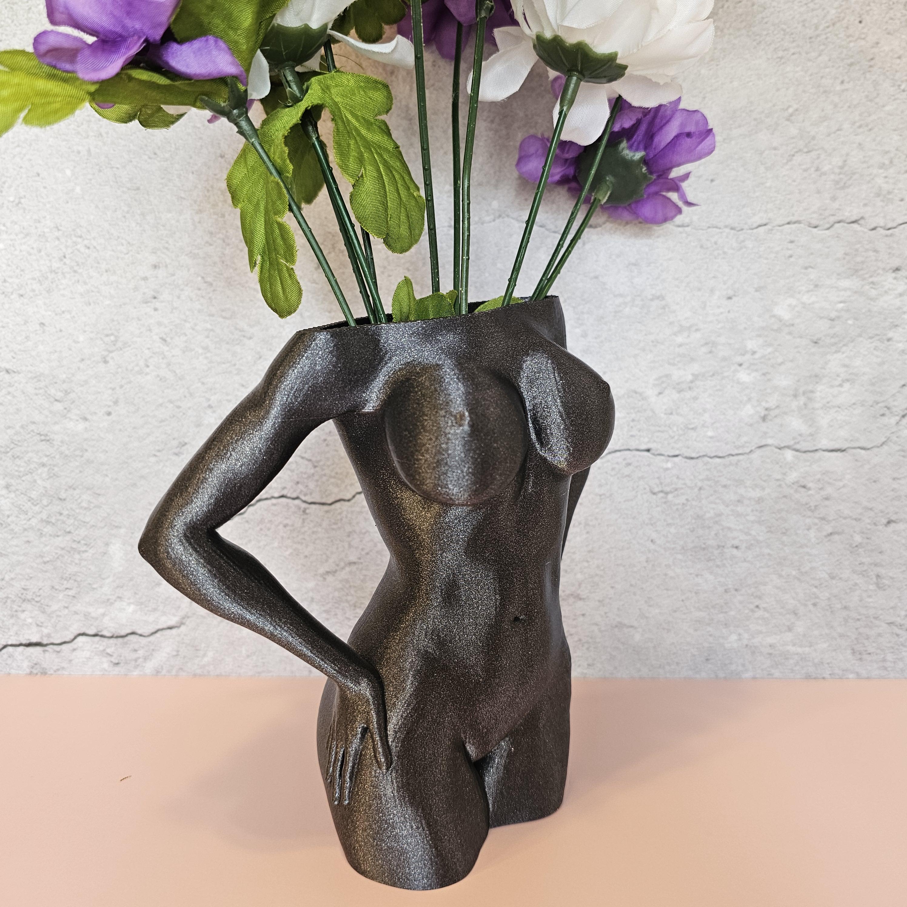 3D Printed Female Torso Vase: Diamond Silver Grey Modern Sculpture